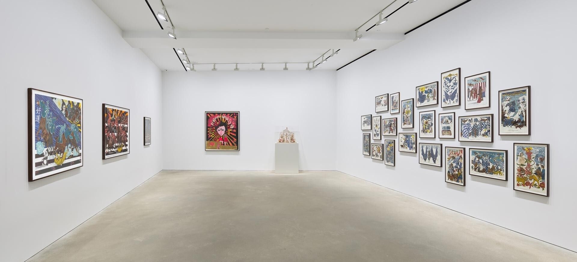 Installation view of the exhibition, Marcel Dzama: Crossing the Line, at David Zwirner in Hong Kong, dated 2019.