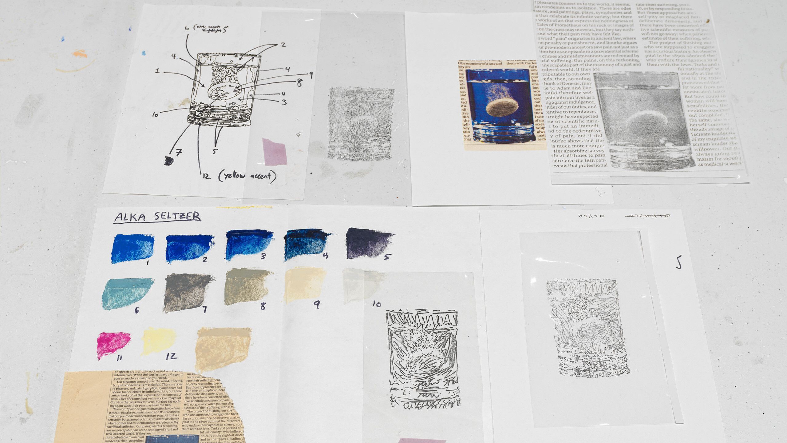 A detail of Nate Lowman’s workspace featuring an archival reference image, color chart, and the drawings he projects onto his canvas. Photo by Jeffrey Sturges
