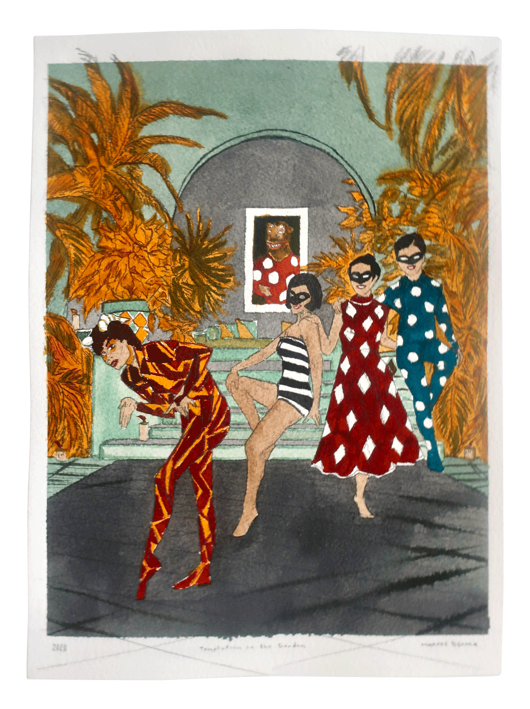 A work on paper by Marcel Dzama titled Temptation in the garden, dated 2020.