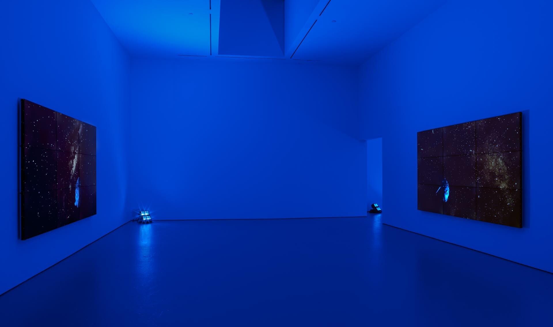 Installation view of the exhibition, Diana Thater: Science, Fiction, at David Zwirner in New York, dated 2015.