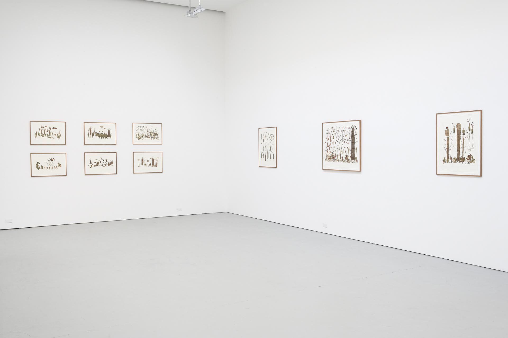 An installation view of the exhibition Marcel Dzama: The Course of Human History Personified, at David Zwirner New York, dated 2005.