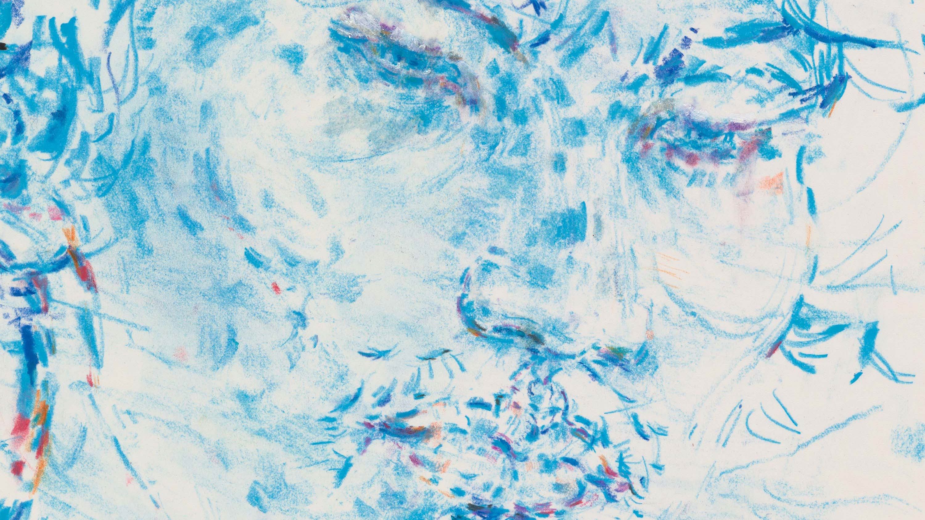 A detail of an artwork by Elizabeth Peyton, Ang in the Mountains, dated 2023