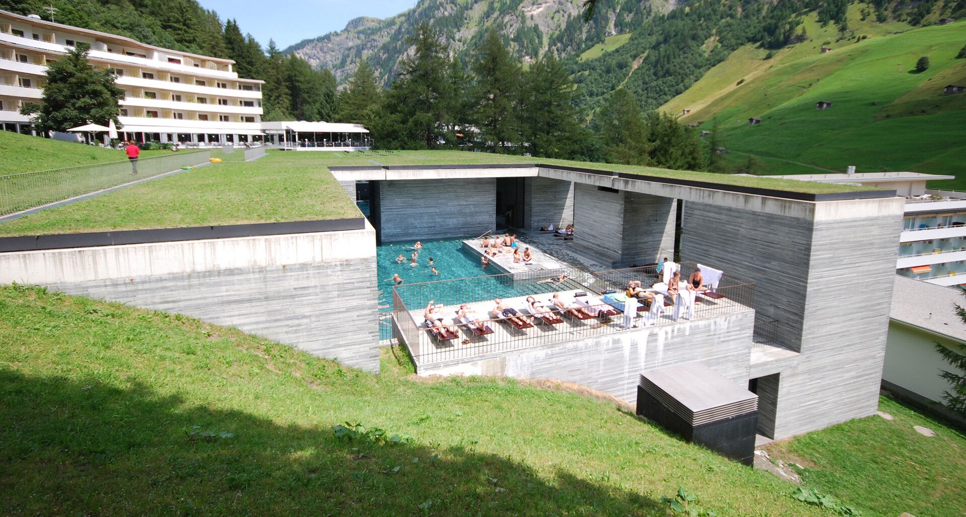 Aerial view of the Therme Vals outdoor swimming pool, designed by Peter Zumthor, in Vals, Graubünden, Switzerland.
