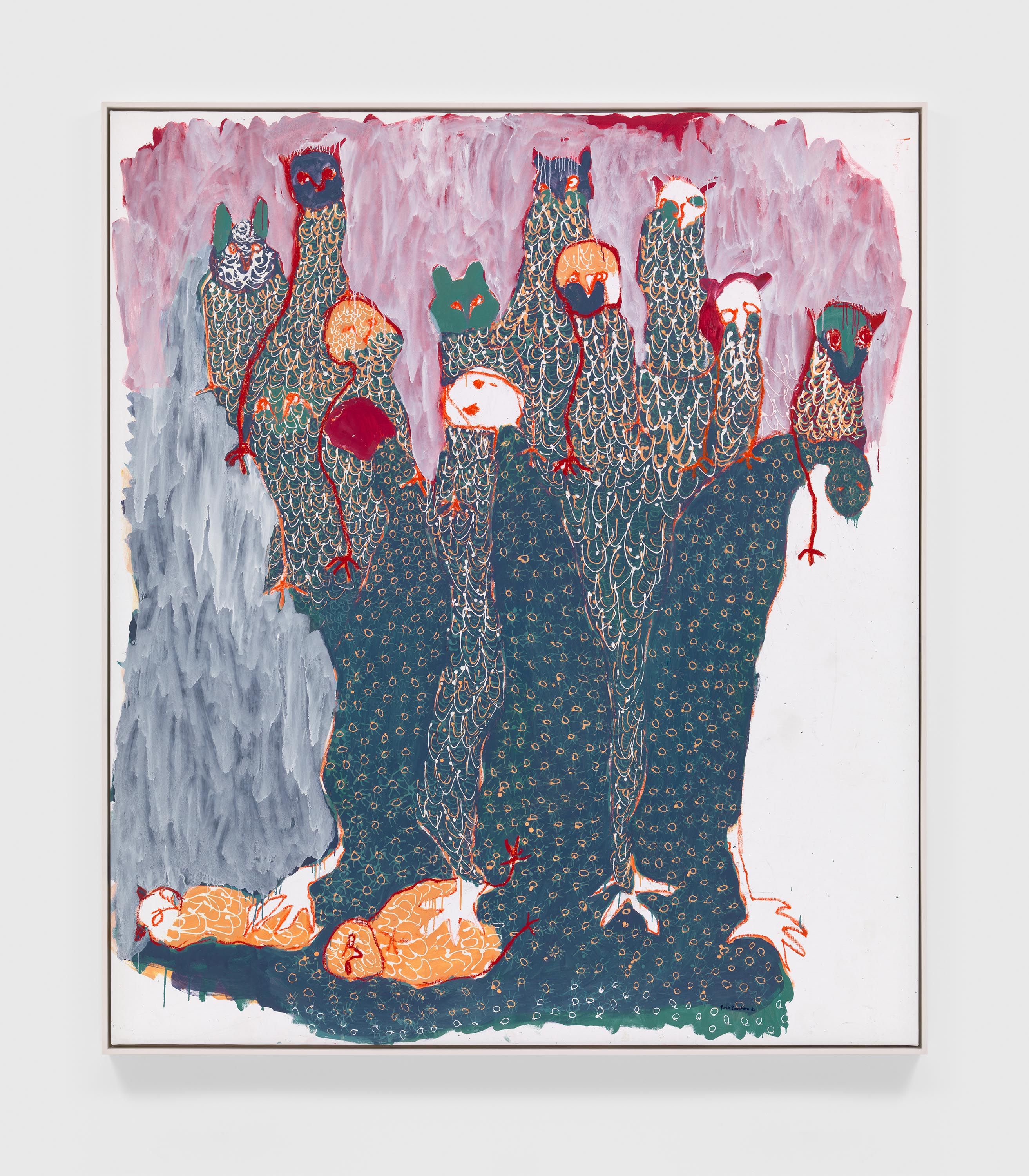 An oil based printing ink and oil bar on linen artwork by Portia Zvavahera, titled Ndirikukuona (I can see you), dated 2021.