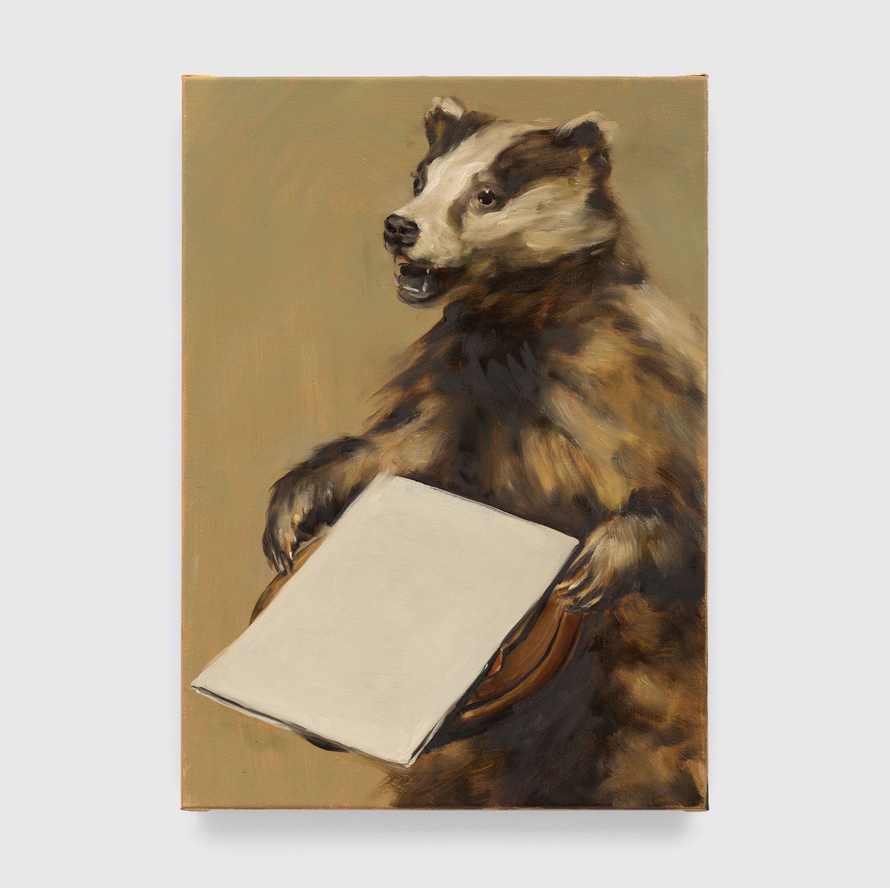 An oil on canvas painting by Michael Borremans, titled Black Mould / The Badger's Song II, dated 2015.