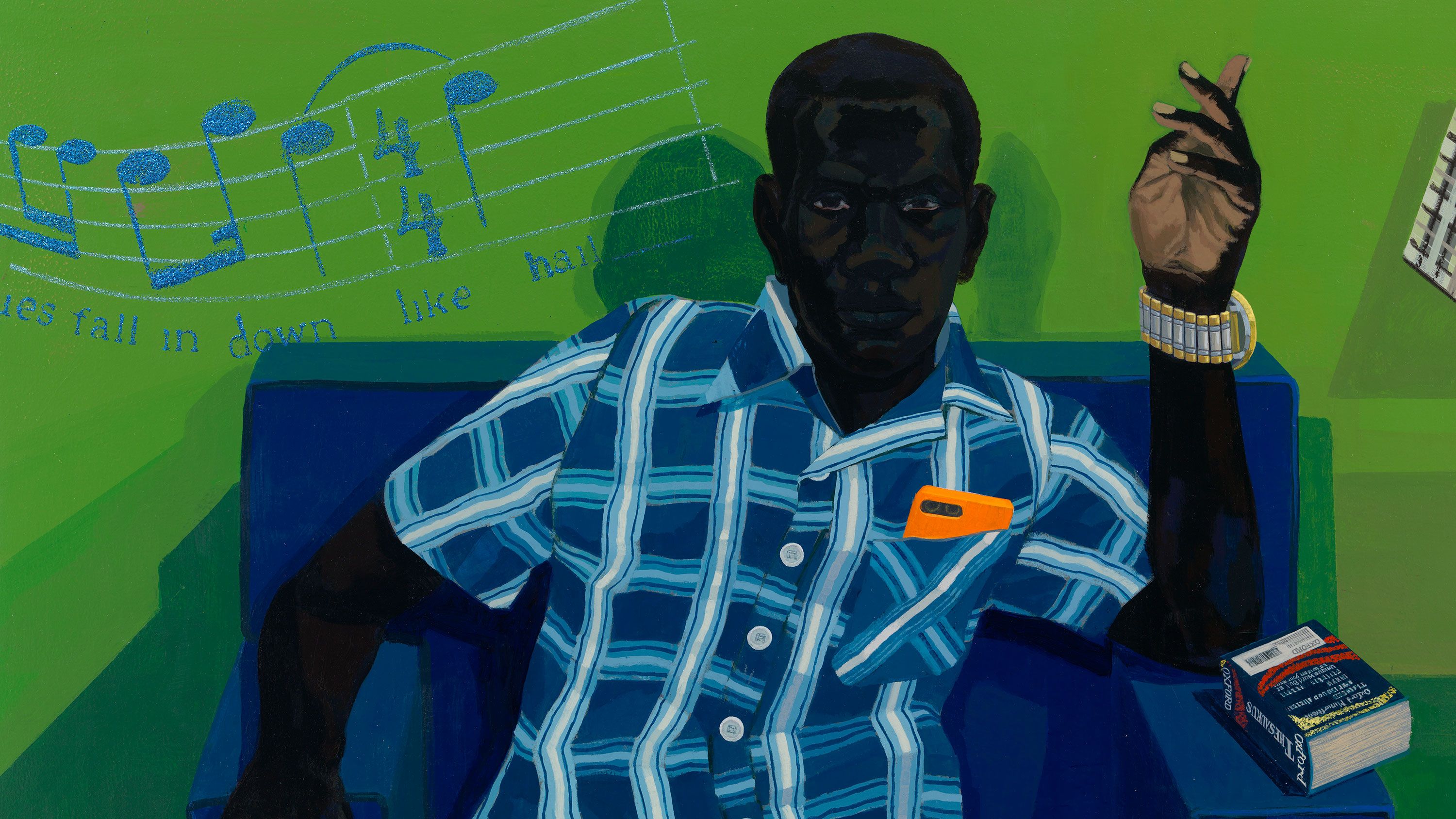 A detail from a painting by Kerry James Marshall titled A lithe young man..., dated 2021