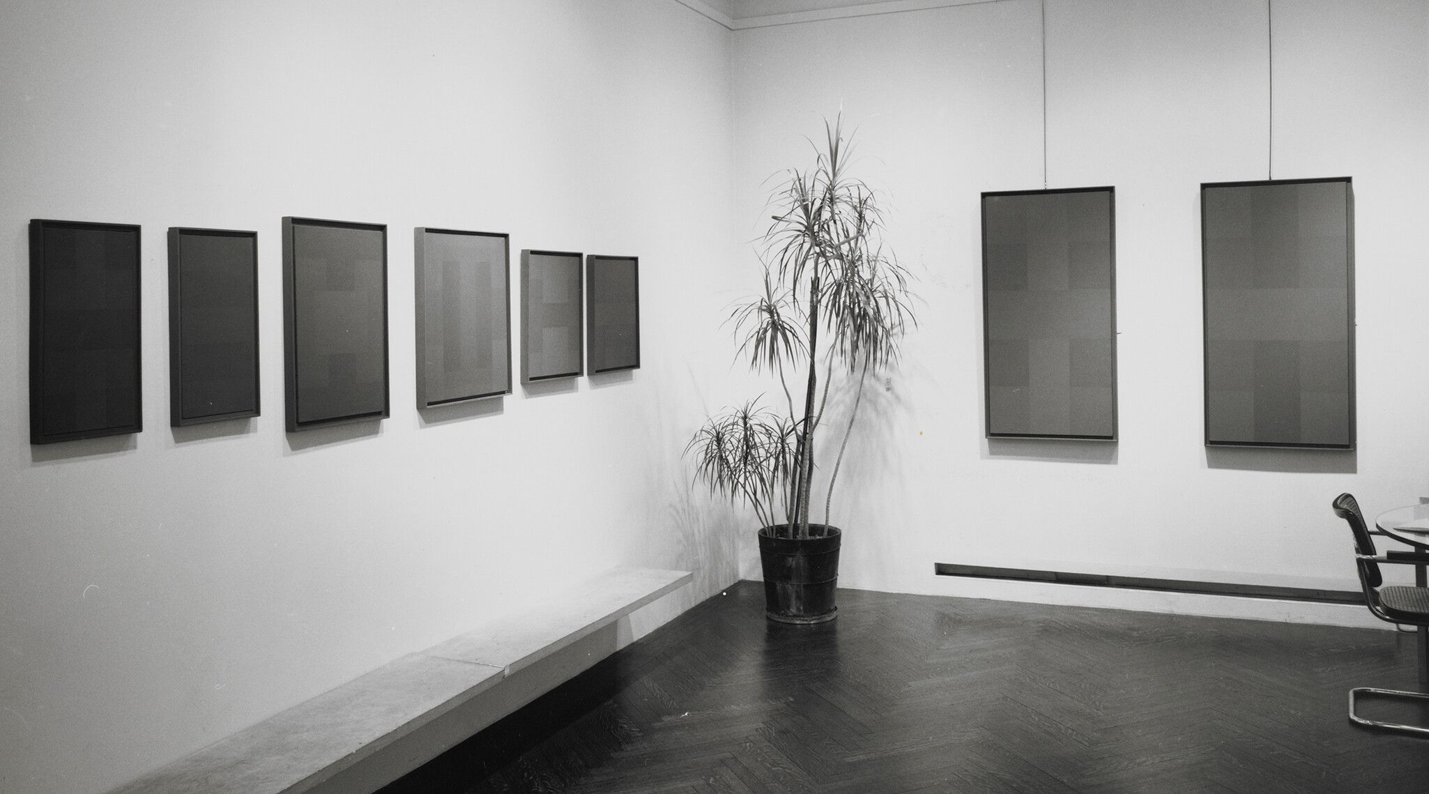 An installation view of an exhibition titled Ad Reinhardt, at Stable Gallery, New York, in 1965.