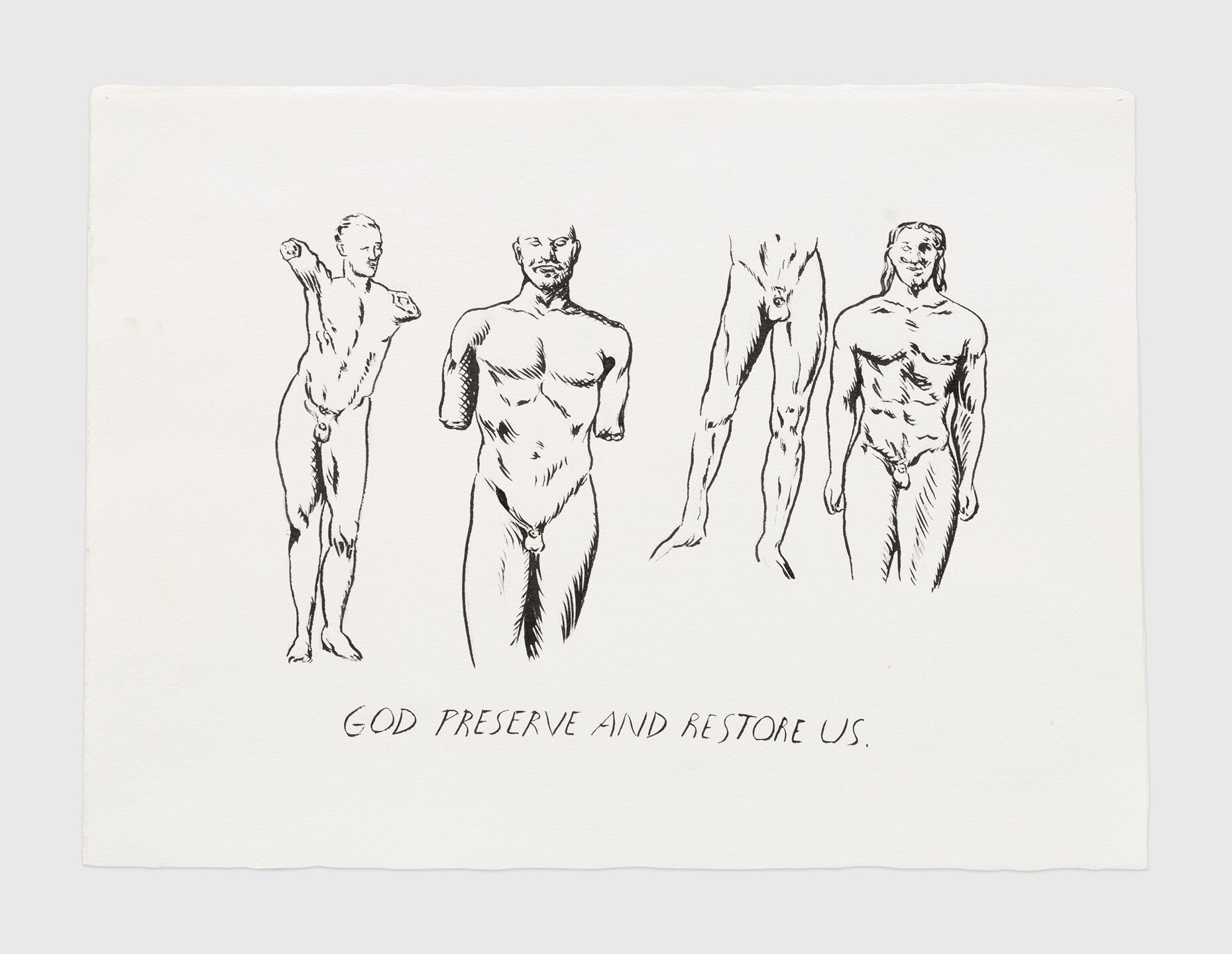 An ink drawing by Raymond Pettibon titled No Title (God preserve and...), dated 1997
