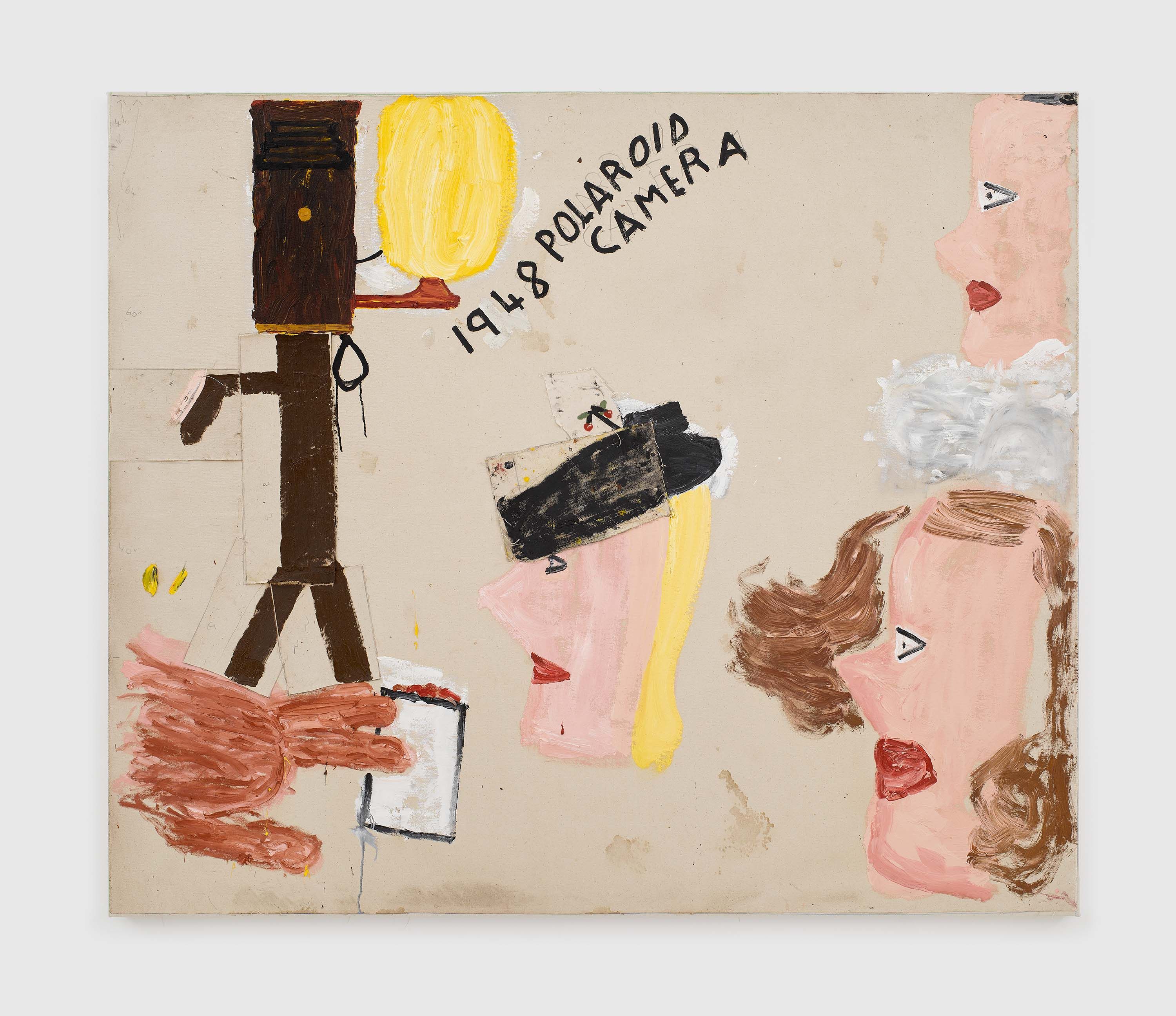 A painting by Rose Wylie, titled Polaroid Camera, Wind Blown Hair, dated 2022.
