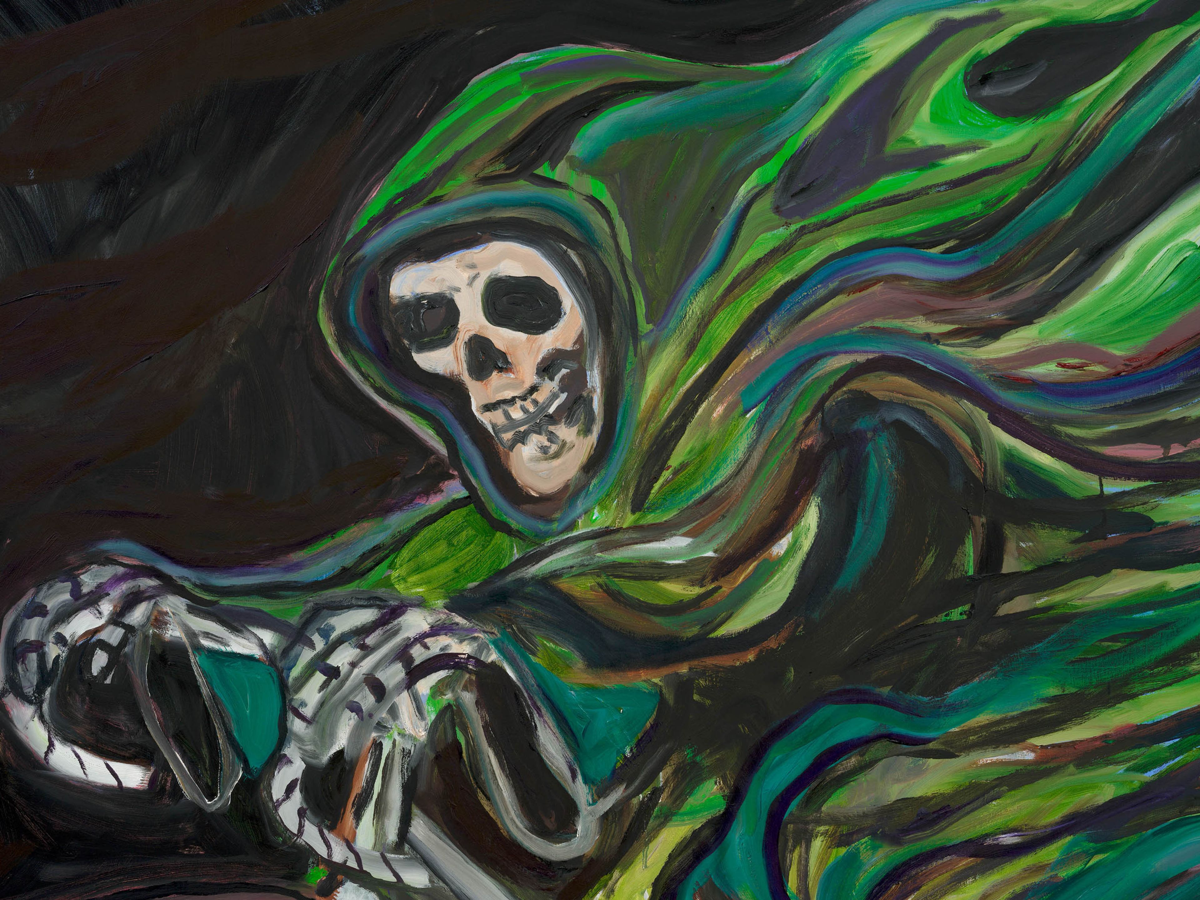 A detail from a painting by Josh Smith, titled The Getaway, dated 2025.