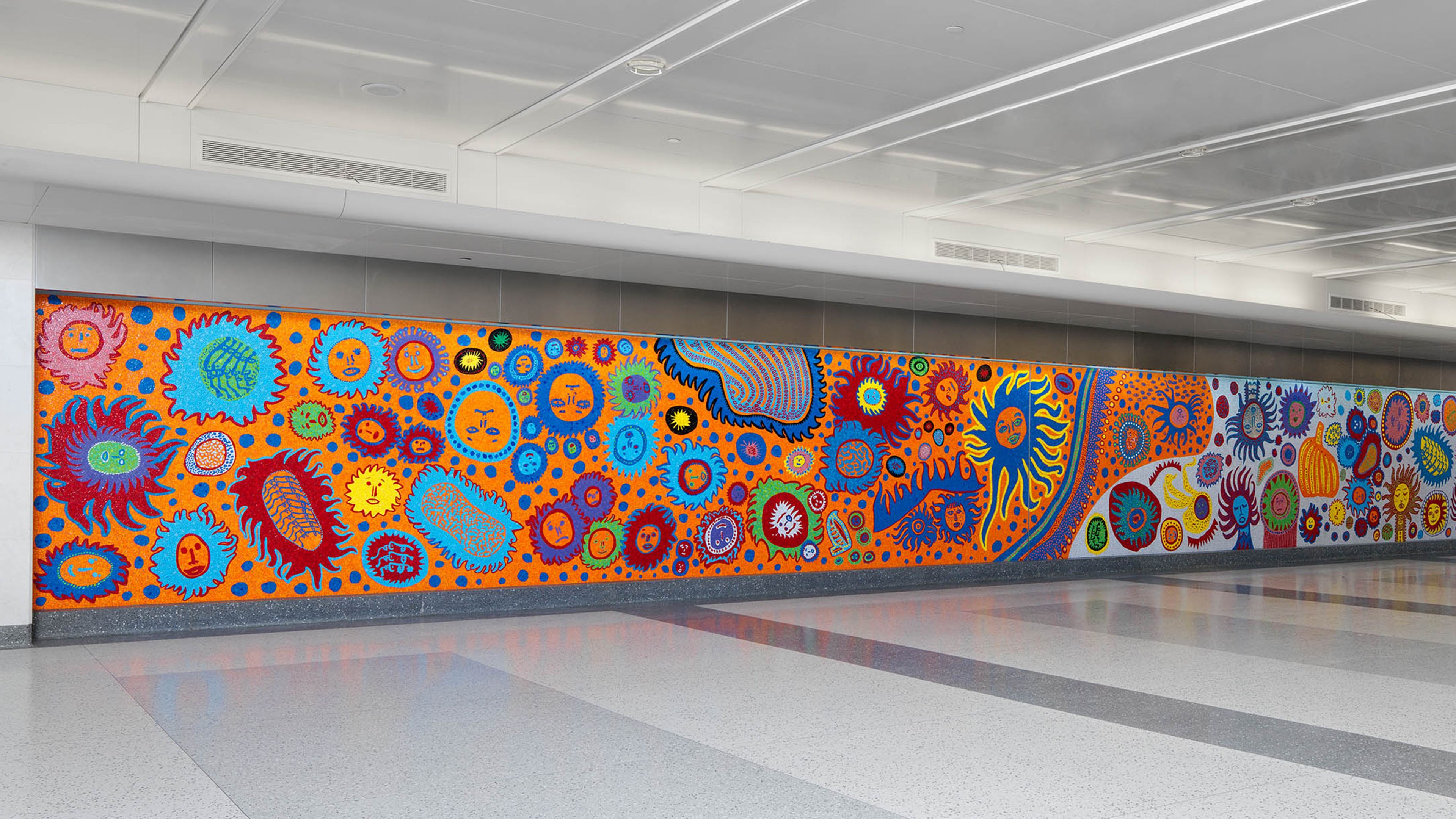 Installation view of Yayoi Kusama’s artwork, A Message of Love, Directly from My Heart unto the Universe, commissioned by MTA Arts & Design and New York City Transit