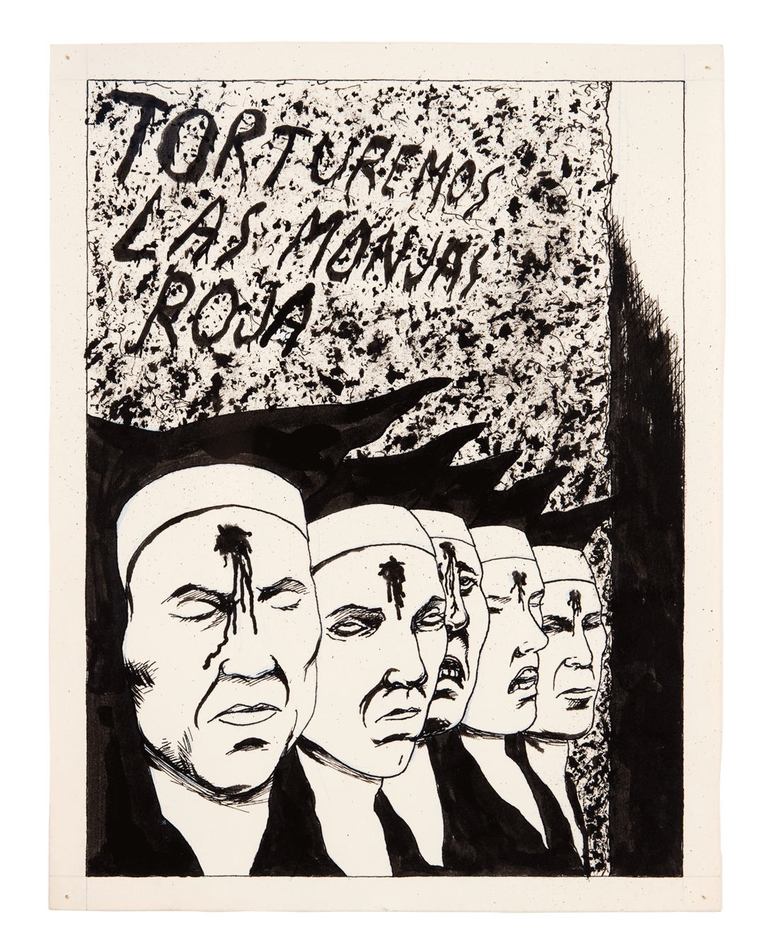A drawing by Raymond Pettibon titled No Title (Torturemos Las Monjas...), dated 1982.