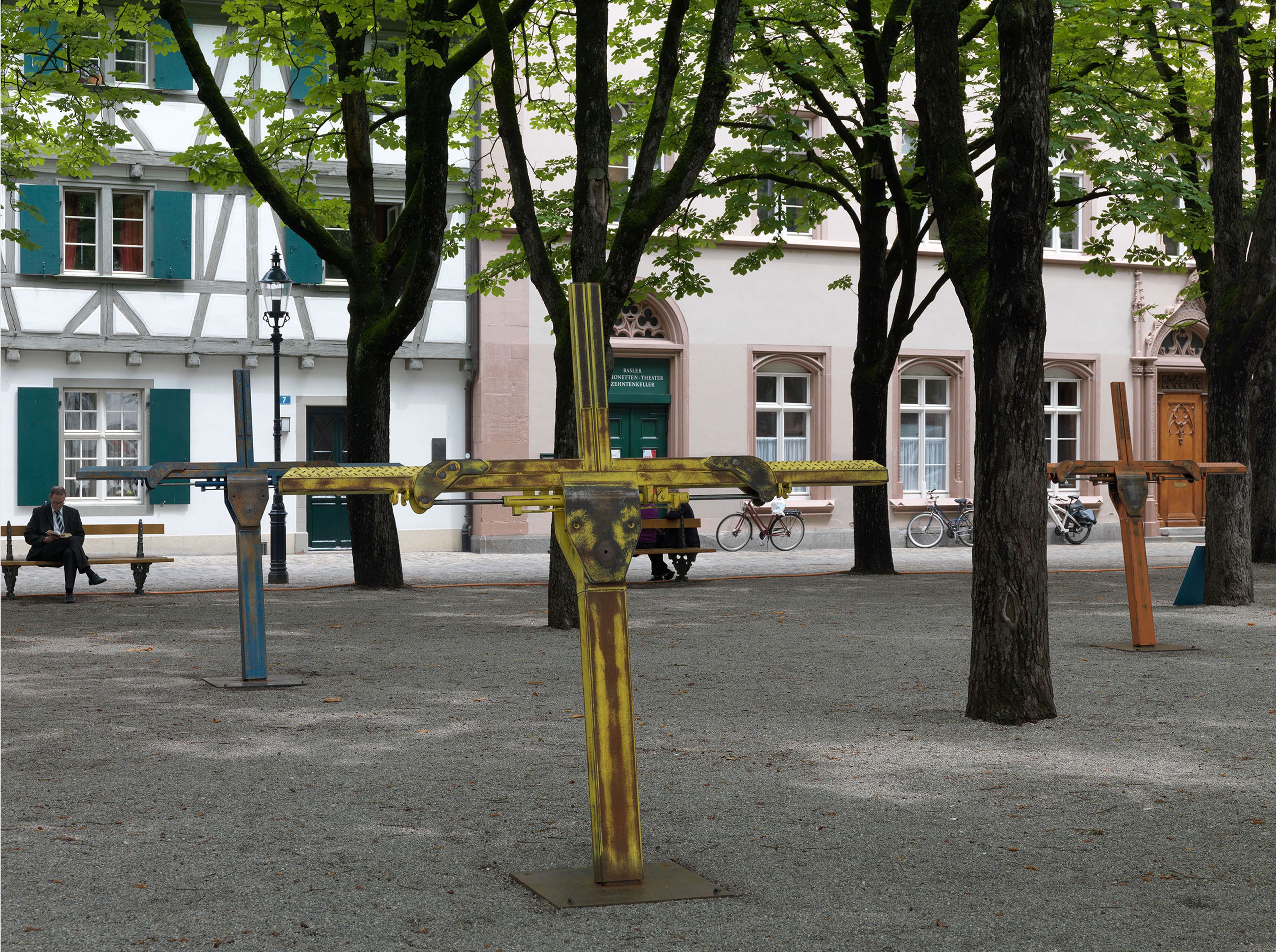 A corten steel and enamel artwork by Nate Lowman, titled Outdoor Tow Truck Installation at Basel Parcours, dated 2015.