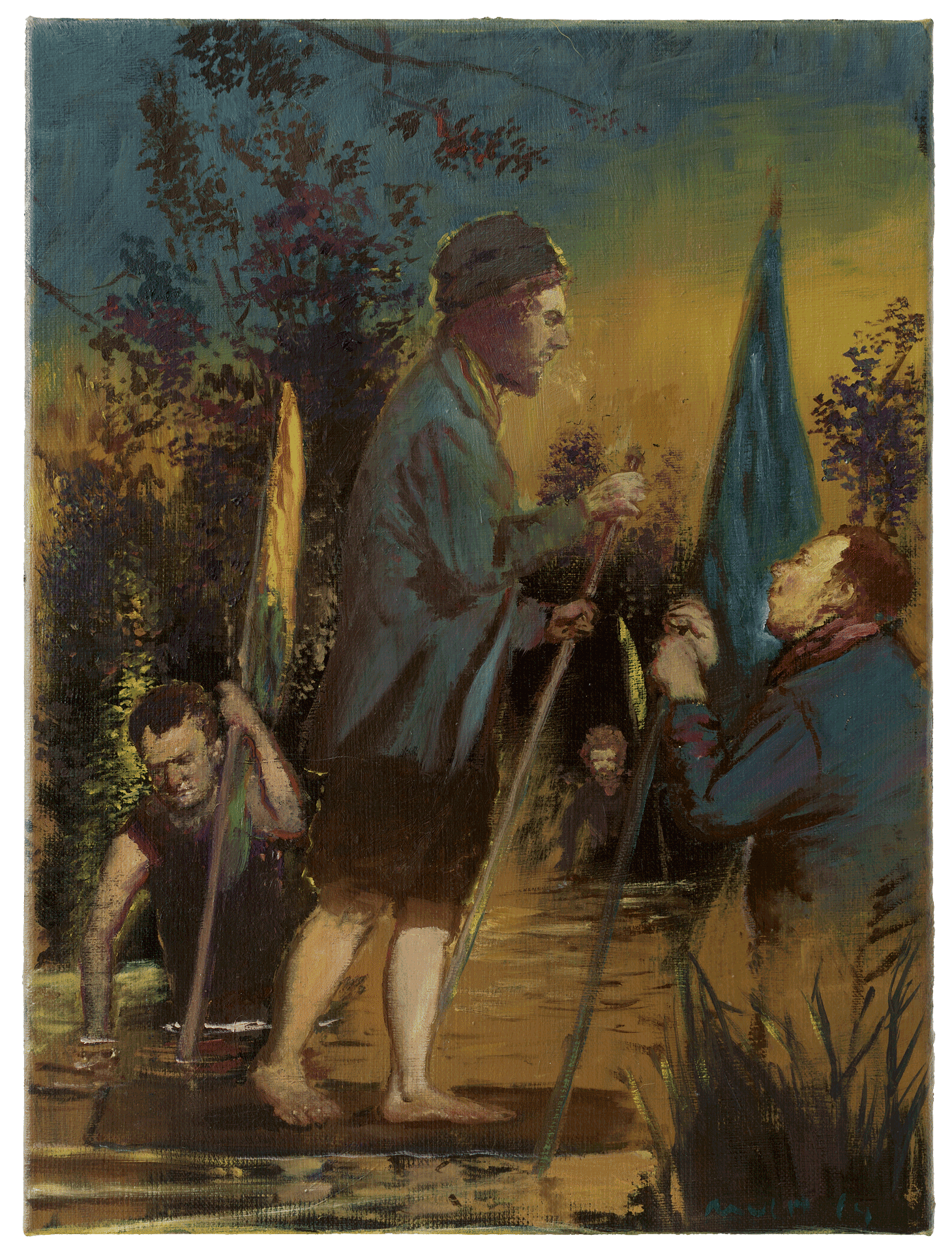 A painting by Neo Rauch, titled Paddler, dated 2014.