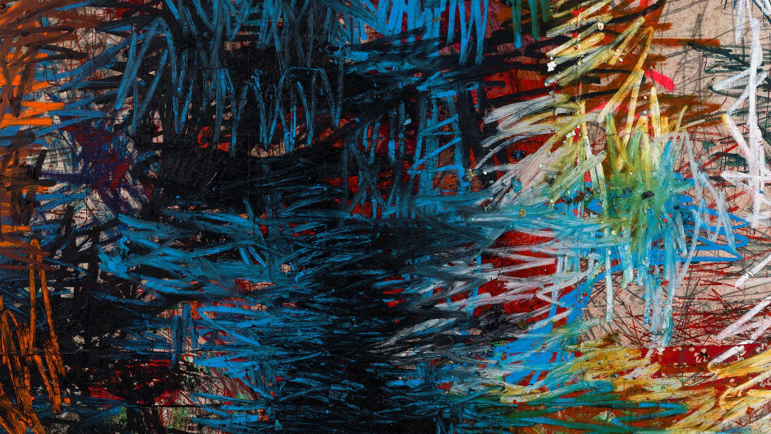 A detail of a painting by Oscar Murillo, titled manifestation
