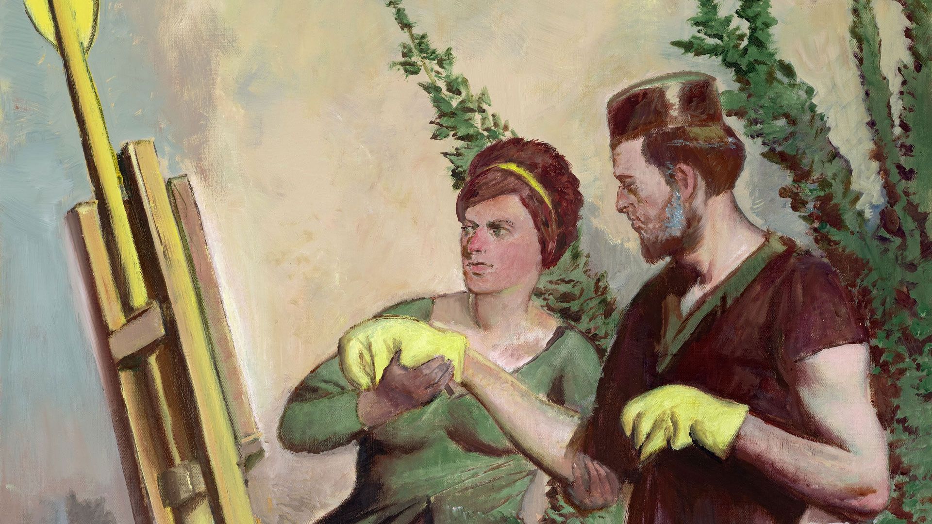 A detail from a painting by Neo Rauch, titled Die Handreichung, dated 2019