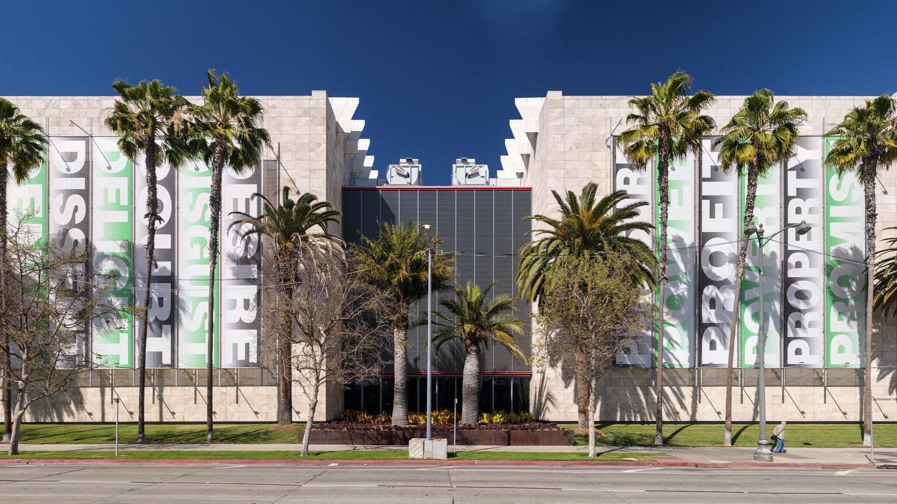 Façade of a museum featuring work by Barbara Kruger
