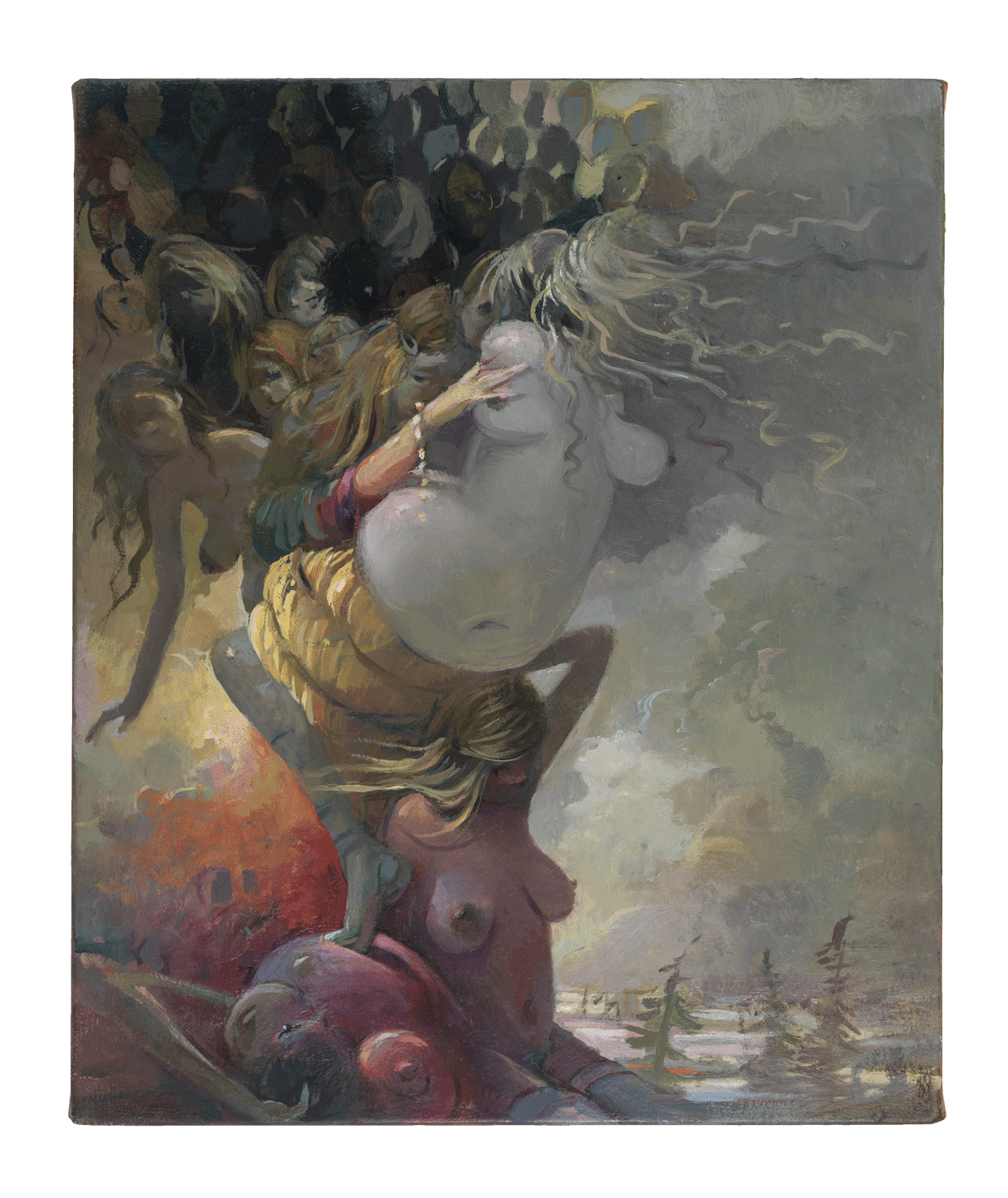 A painting by Lisa Yuskavage, titled Pile Up, dated 2014.