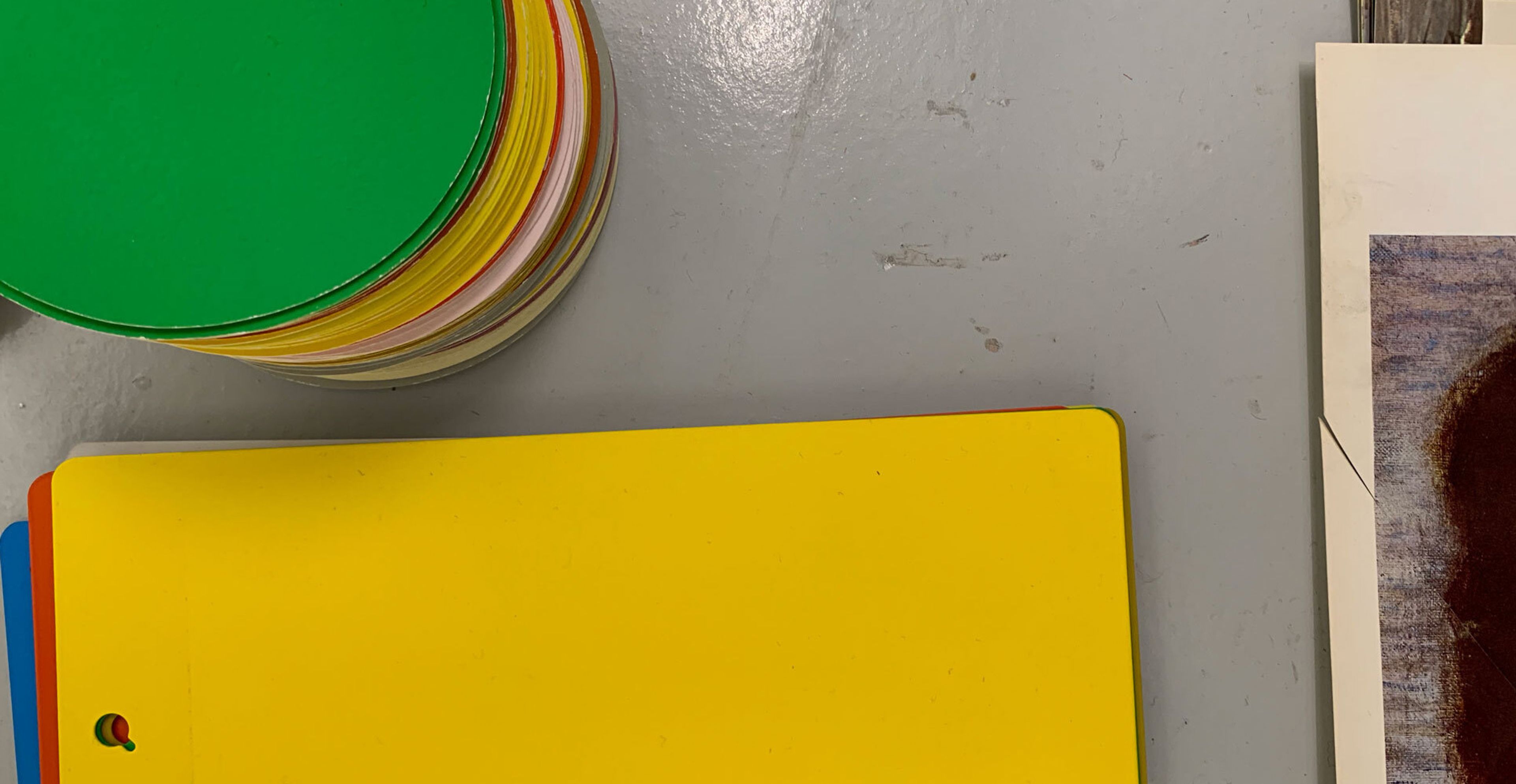 A photo of color studies in Carol Bove's studio, dated 2020.