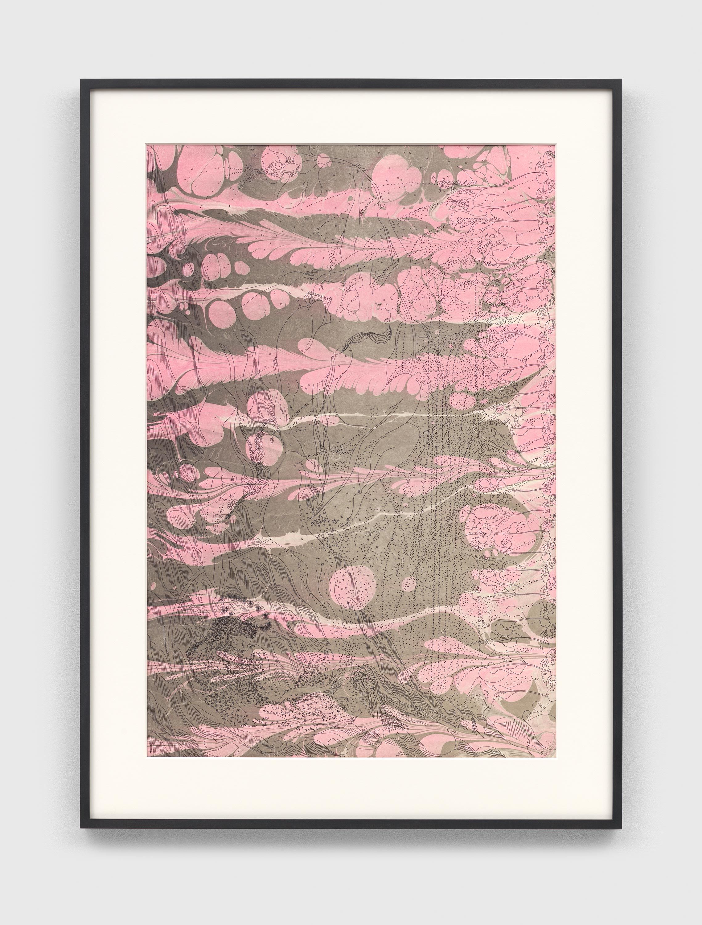 An etching on Suminagashi painting by Chris Ofili, titled Pink Afternoon, dated 2021.