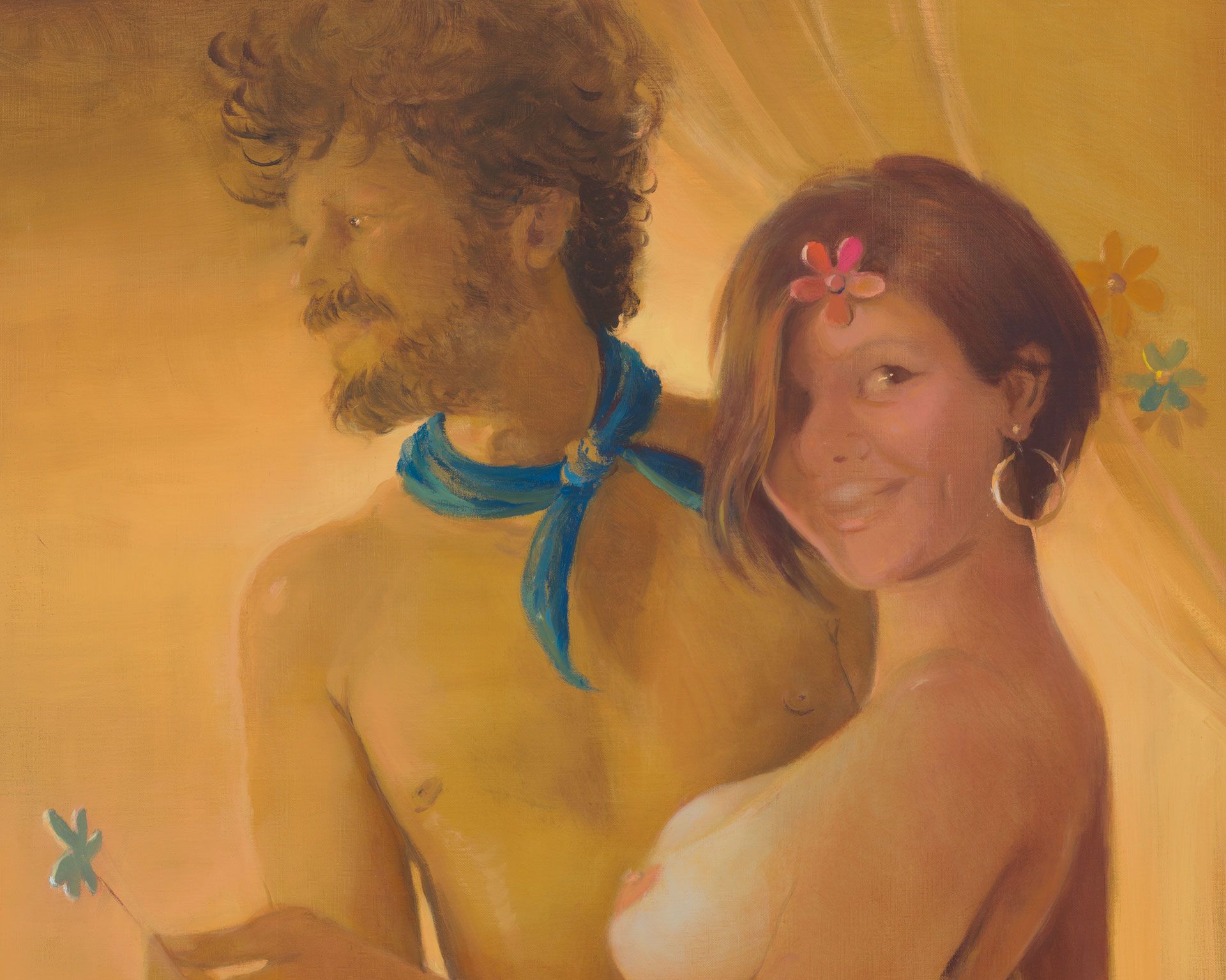 A detail from a painting by Lisa Yuskavage, titled The Magicians II, dated 2019