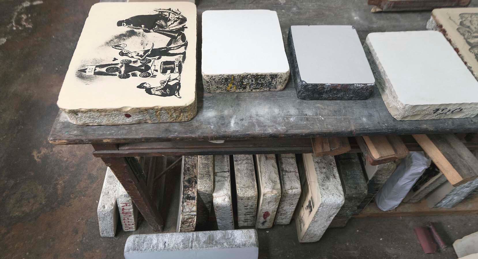 Prints being made at the Lithographisches Atelier Leipzig in 2020.