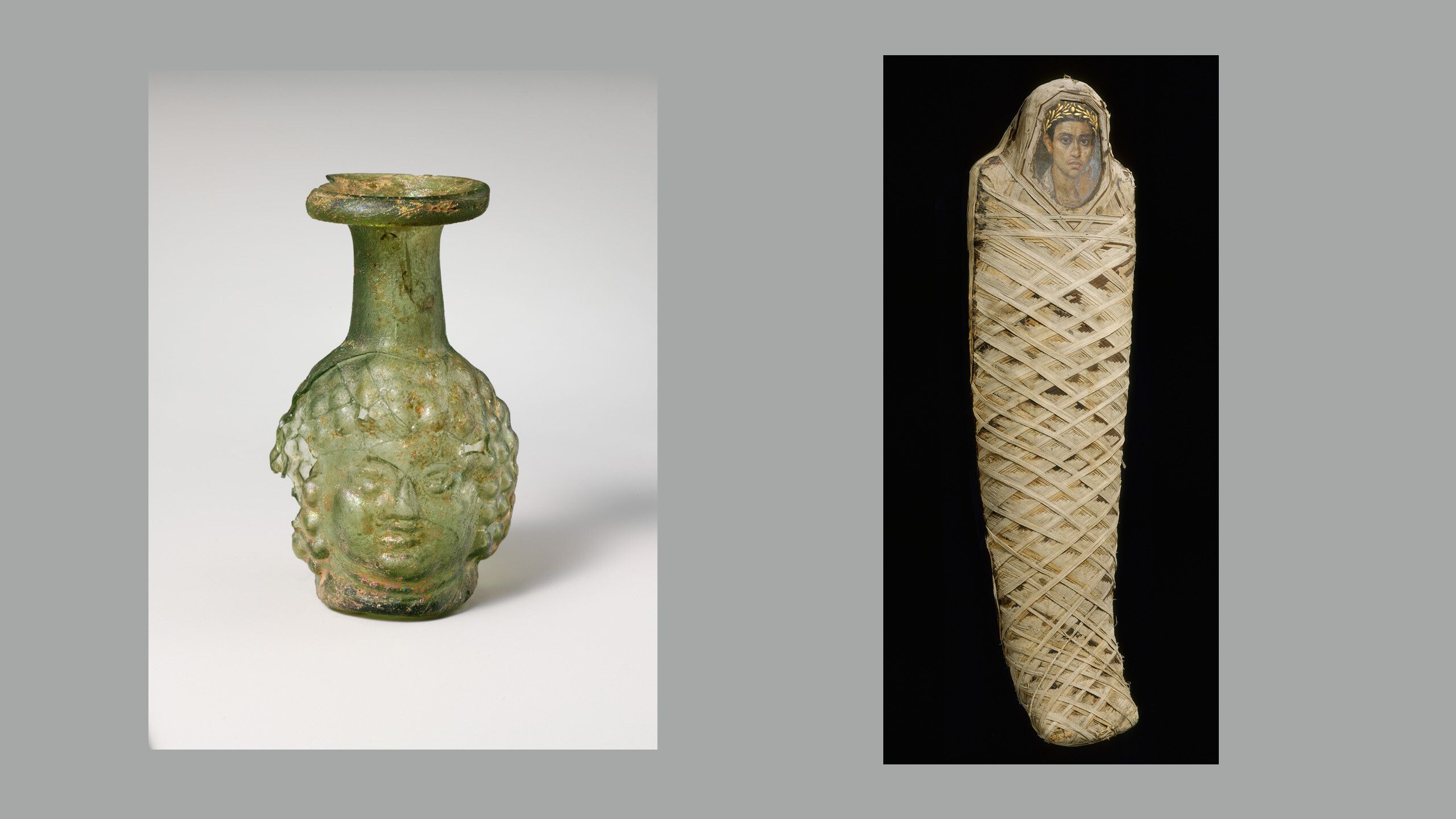 Left image: Glass double head flask, Roman. Gift of J. Pierpont Morgan dated 1917 and Right image: Mummy with an Inserted Panel Portrait of a Youth. Rogers Fund dated 1911