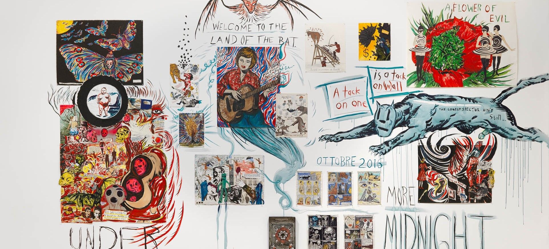 An installation view of the exhibition Marzel Dzama and Raymond Pettibon: THE UPPER ROOM: Let us compare mythologies, at David Zwirner London, dated 2016.