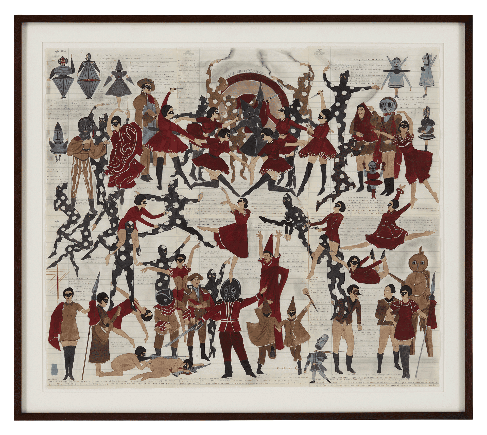 A mixed media work on paper by Marcel Dzama, titled Potnia Theron and Joan of Arc before the judges of Guadalajara, dated 2010. 