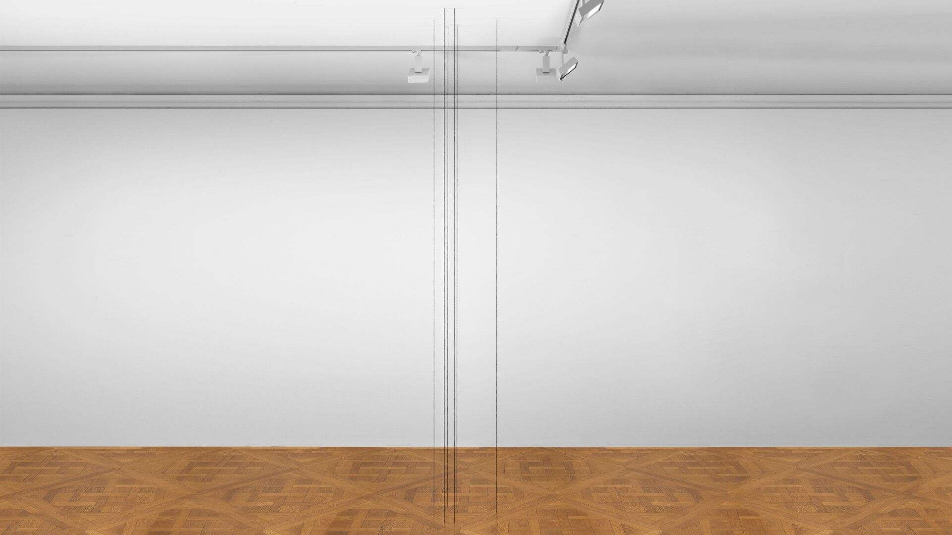 A black acrylic yarn sculpture by Fred Sandback, titled Untitled (Sculptural Study, Six-part Vertical Construction), dated 1993 and 2011.