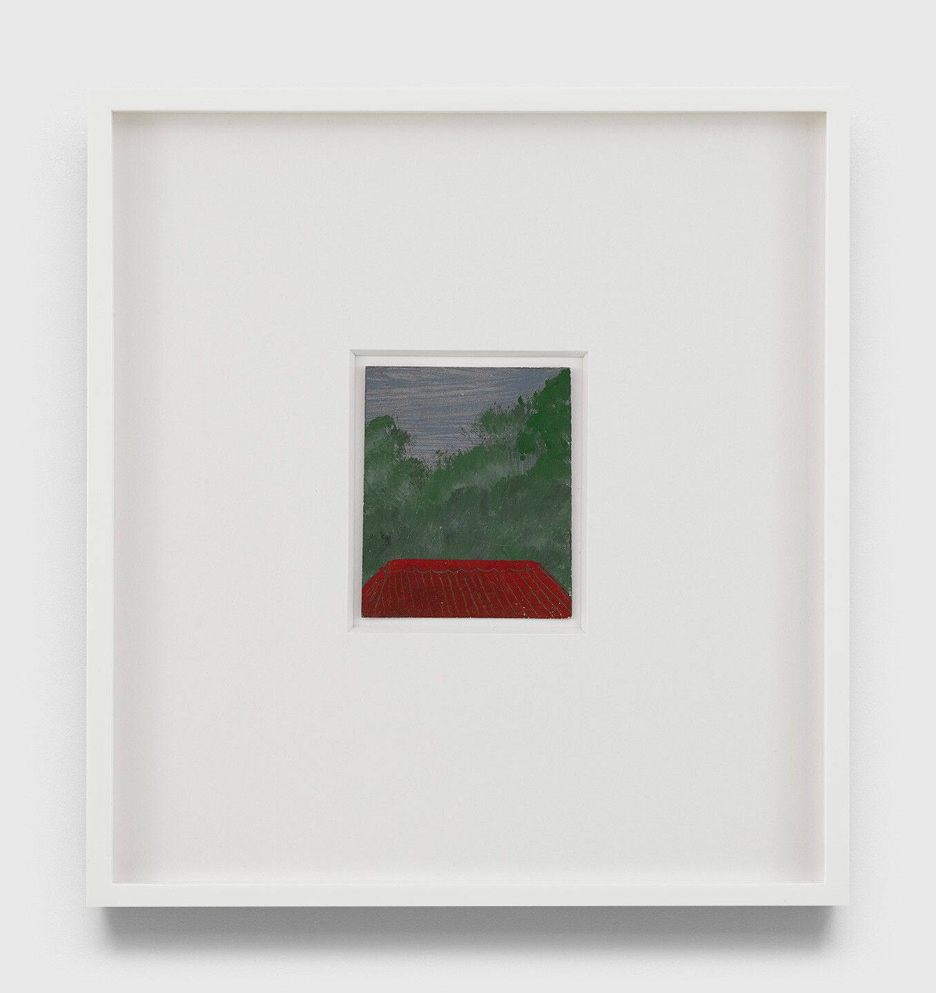 An undated oil painting on Polaroid film cartridge box by Frank Walter, titled Untitled (Red roof, green trees).
