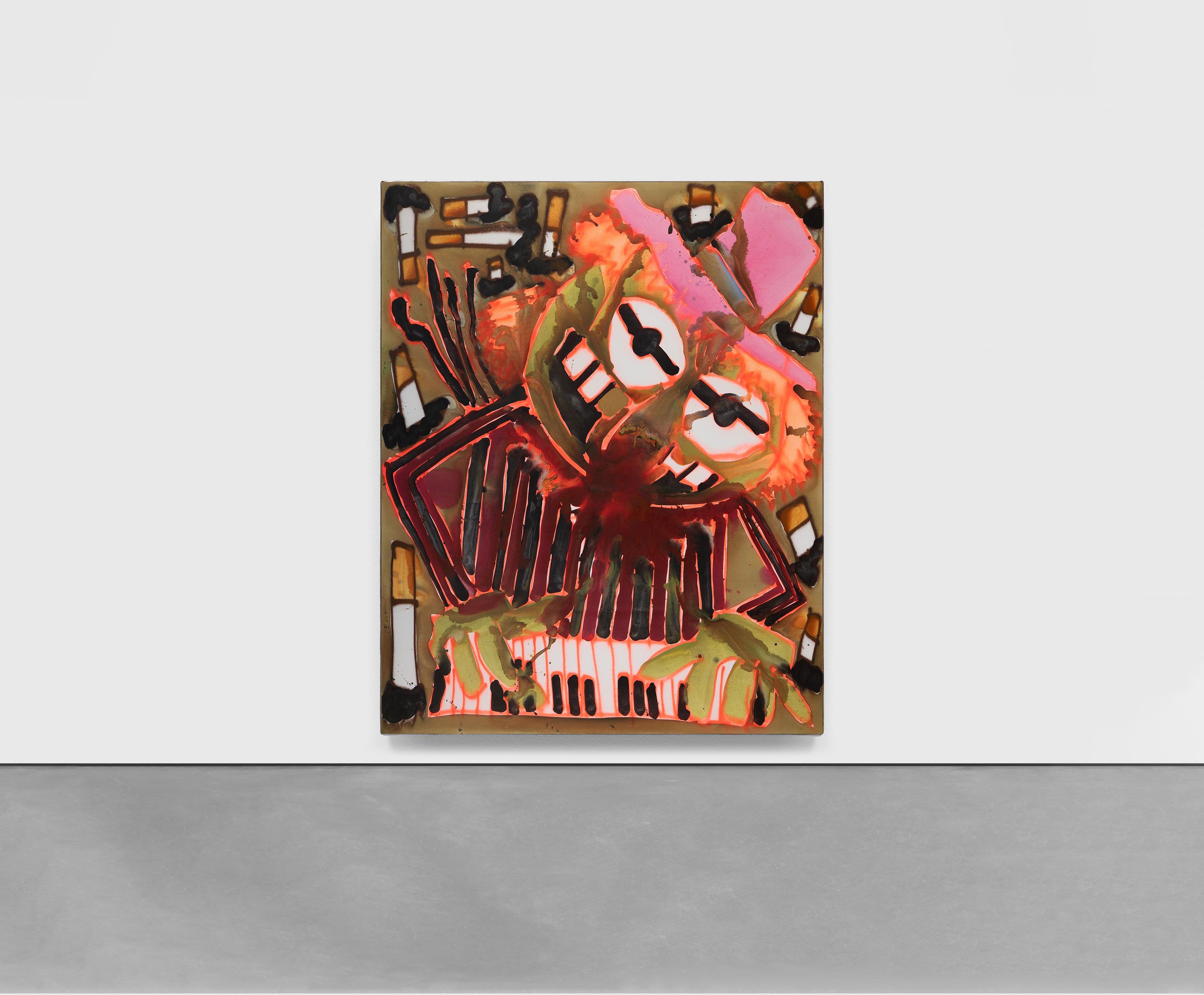 An installation view of an acrylic and spray paint on canvas artwork by Katherine Bernhardt, titled Dr Teeth plus Cigarettes, dated 2021.