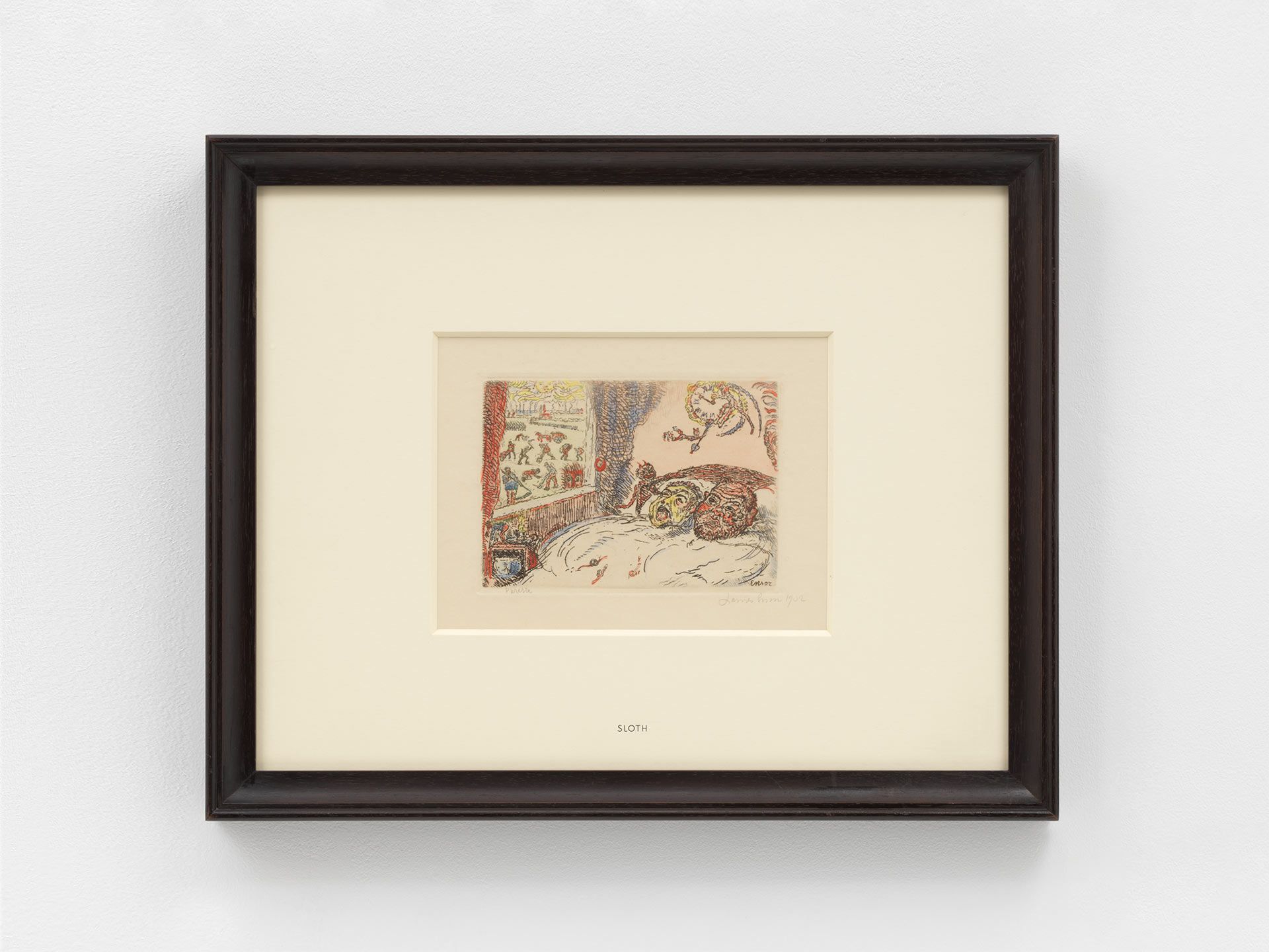 A print by James Ensor, titled La Paresse, translated as Sloth, from the Seven Deadly Sins series, dated 1902.