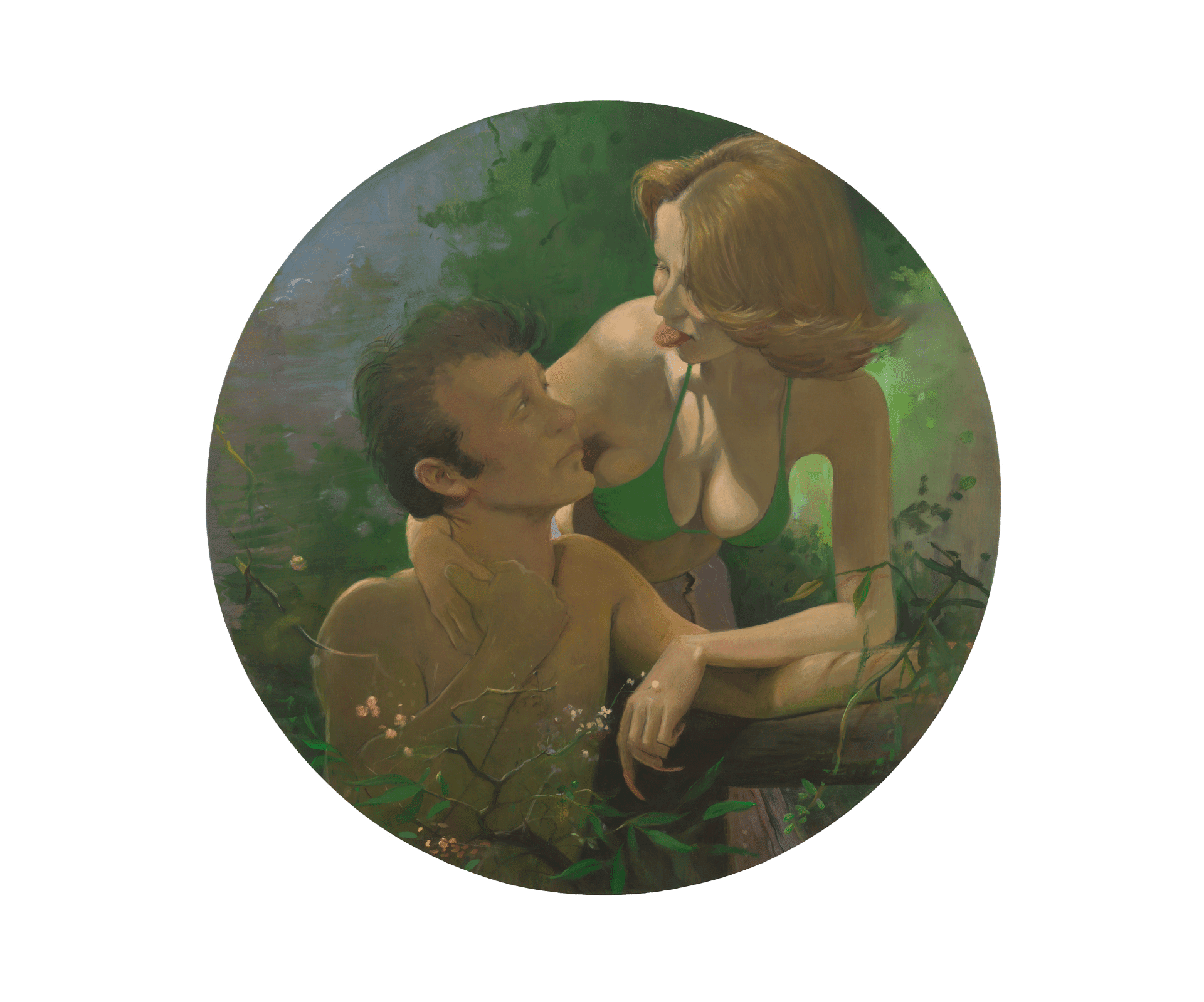 A painting by Lisa Yuskavage, titled The Tongue Tondo, dated 2018.