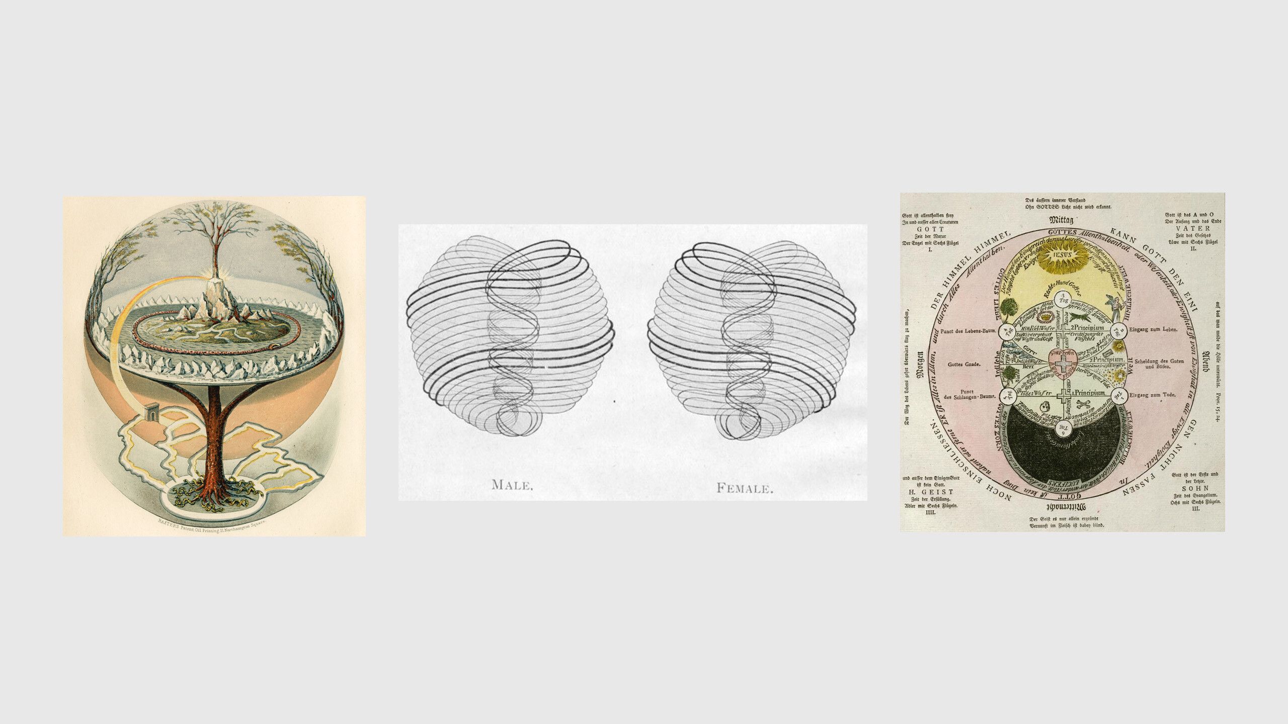 Three images, from left to right: Finnur Magnússon, Yggdrasill, dated 1859; “Ultramicroscopic seeing” of matter: the “ultimate” physical atom, Occult Chemistry by A. Besant and C. W. Leadbeater, 1908; A Page from “Secret Symbols of the Rosicrucians of the 16th and 17th Centuries”, dated 1785–1788.