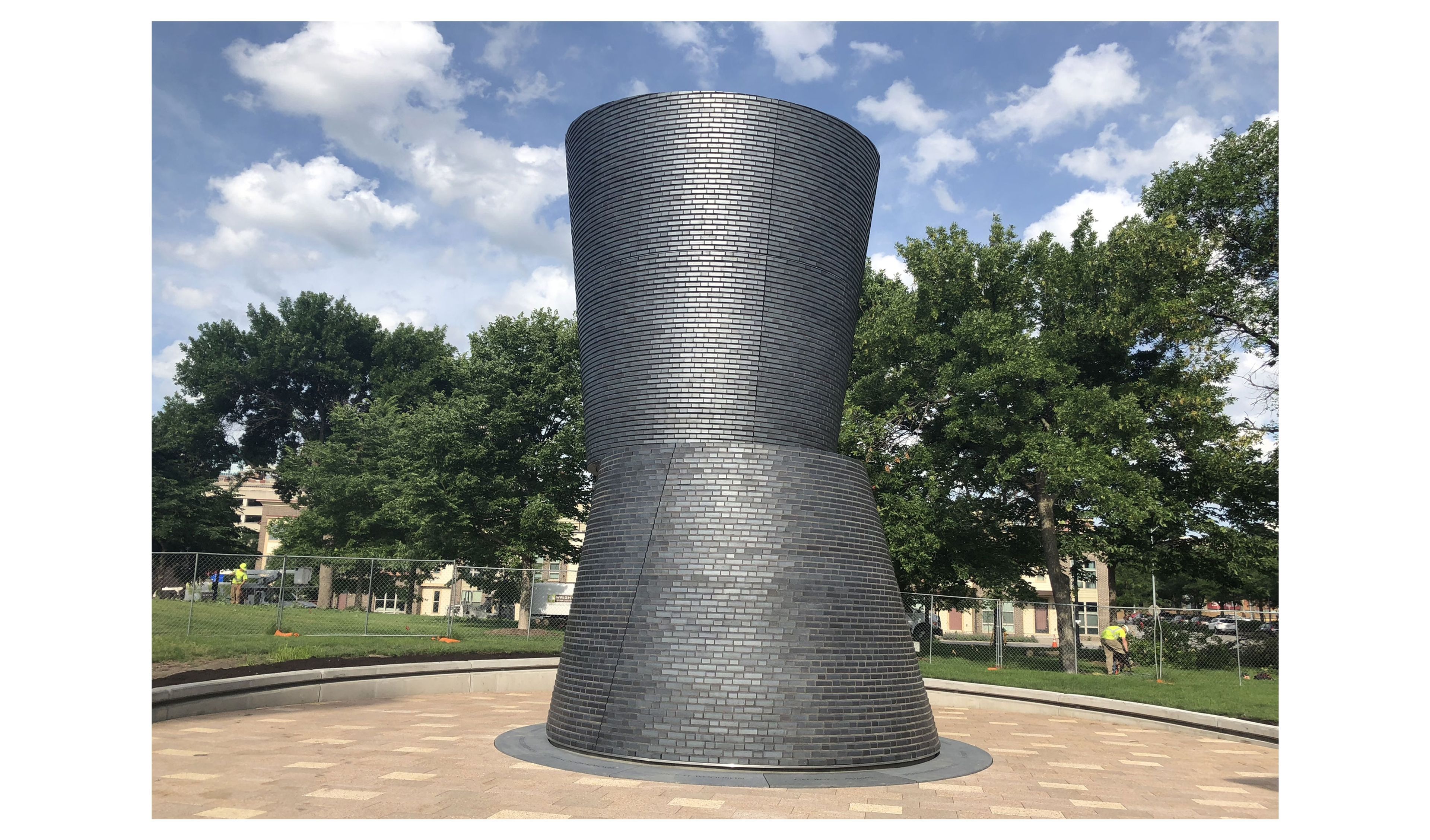 Installation view of a Manganese Ironspot brick, steel, and granite sculpture by Kerry James Marshall titled A Monumental Journey, dated 2018.