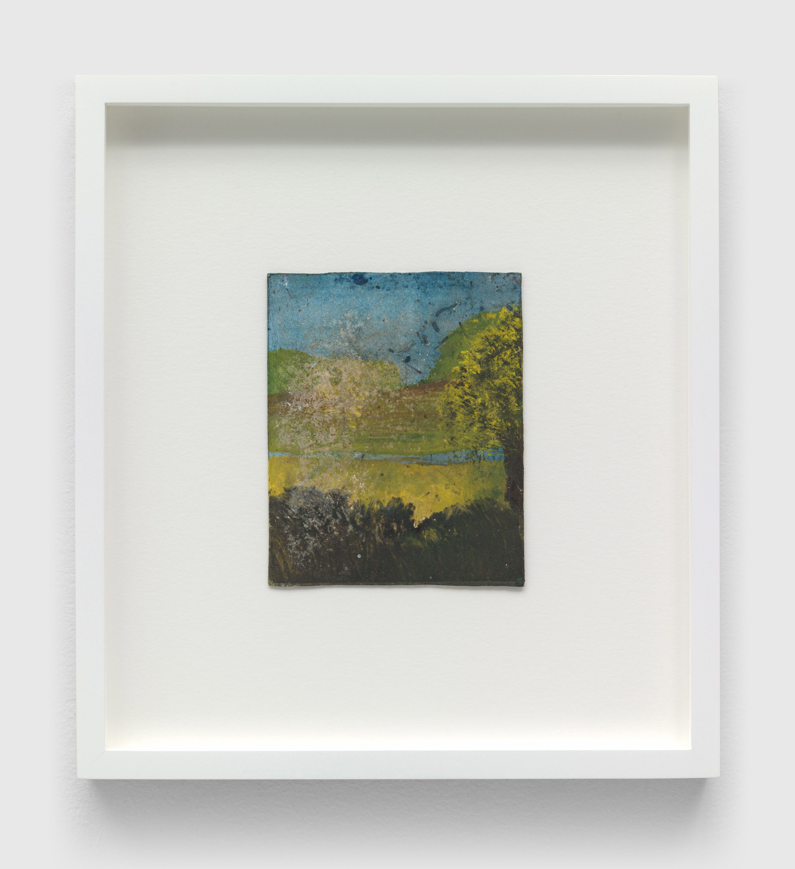 A painting on Polaroid film cartridge box artwork by Frank Walter, called Untitled (Blue Sky, Black Land, Light-Green Tree and Hills), n.d.