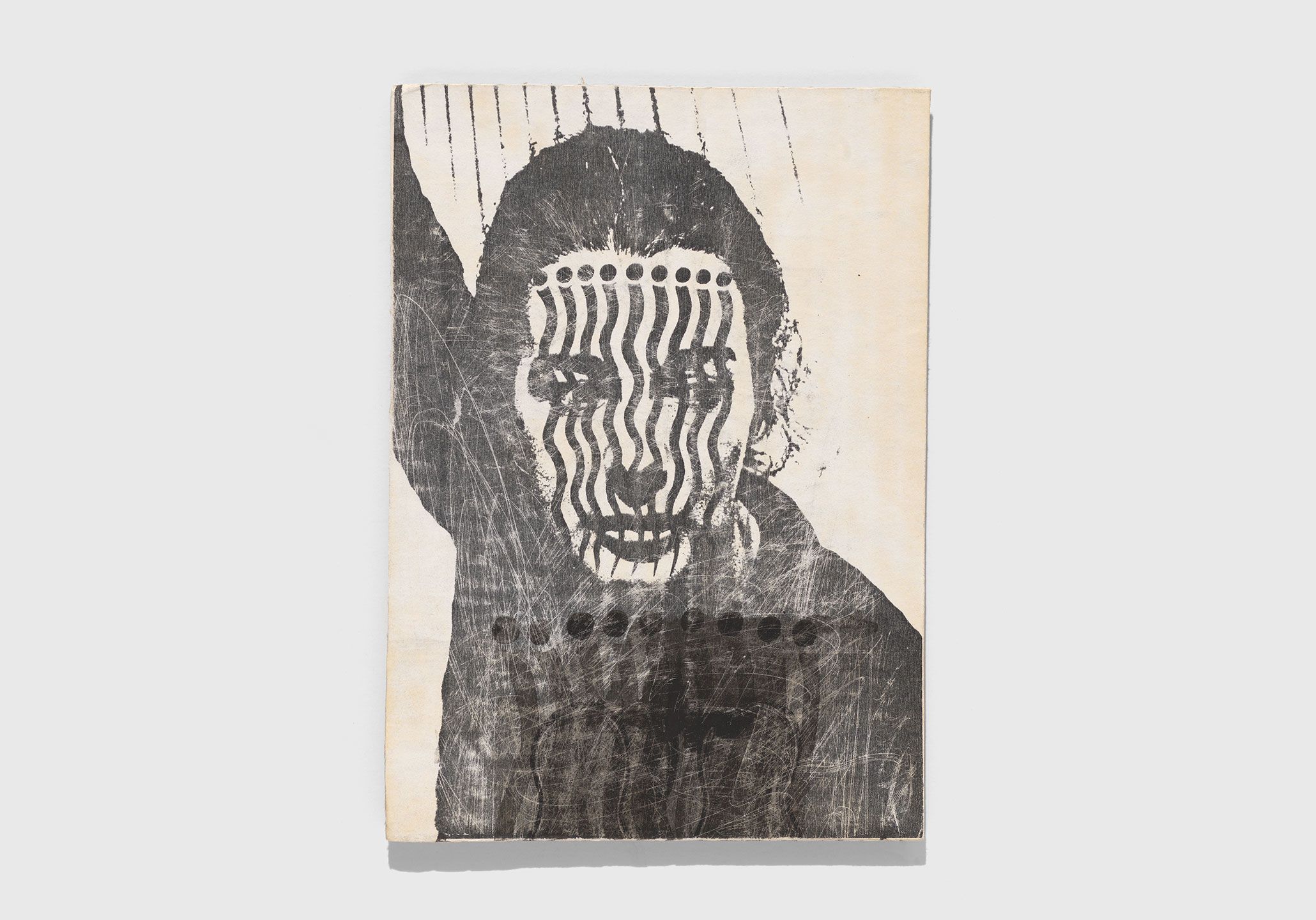 An undated collage on corrugated cardboard by Ray Johnson, titled Untitled (Bridget Riley with Comb).