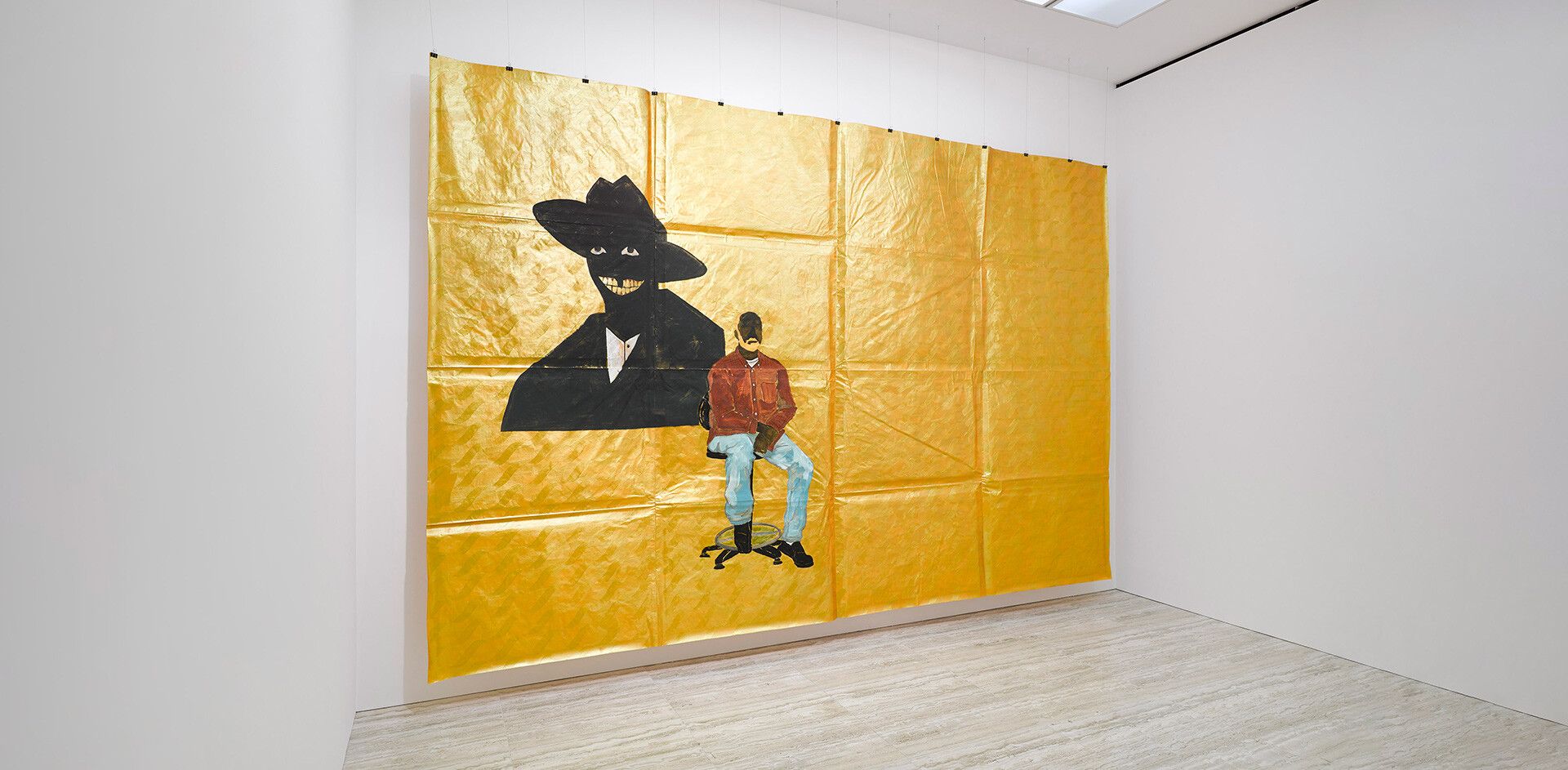 An installation view of an exhibition titled, Maxwell Alexandre, Pardo é Papel: Close a door to open a window, at David Zwirner London in 2020.