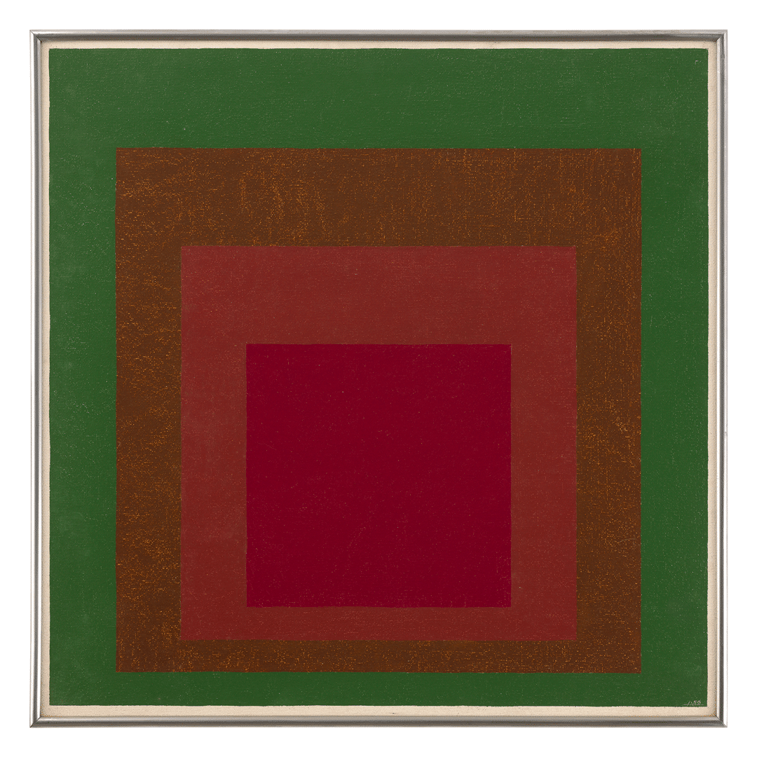An oil painting on Masonite by Josef Albers, titled Study to Homage to the Square: From Abroad, dated 1956.