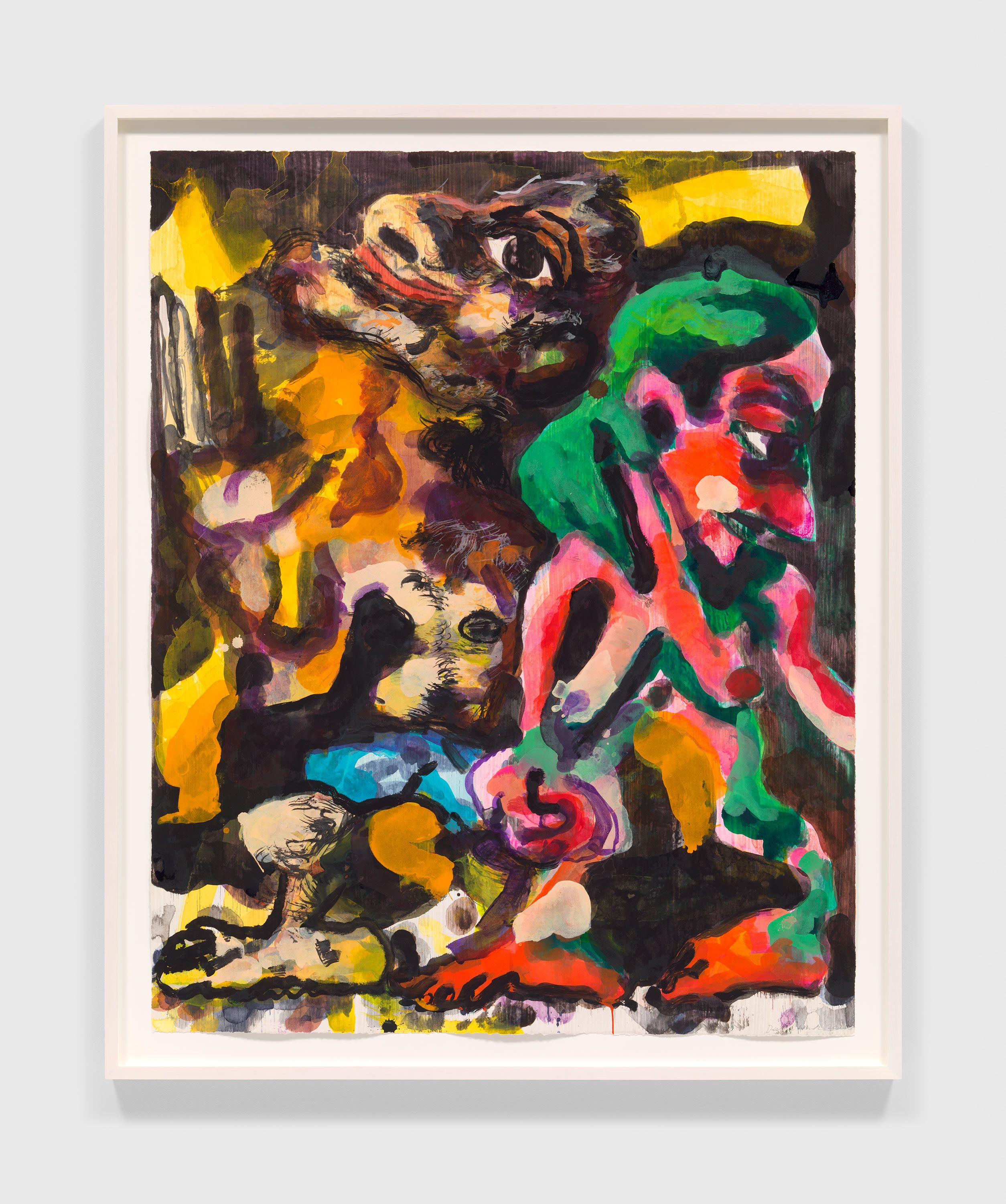 A watercolor monotype by Dana Schutz, titled Night Couple, dated 2021.