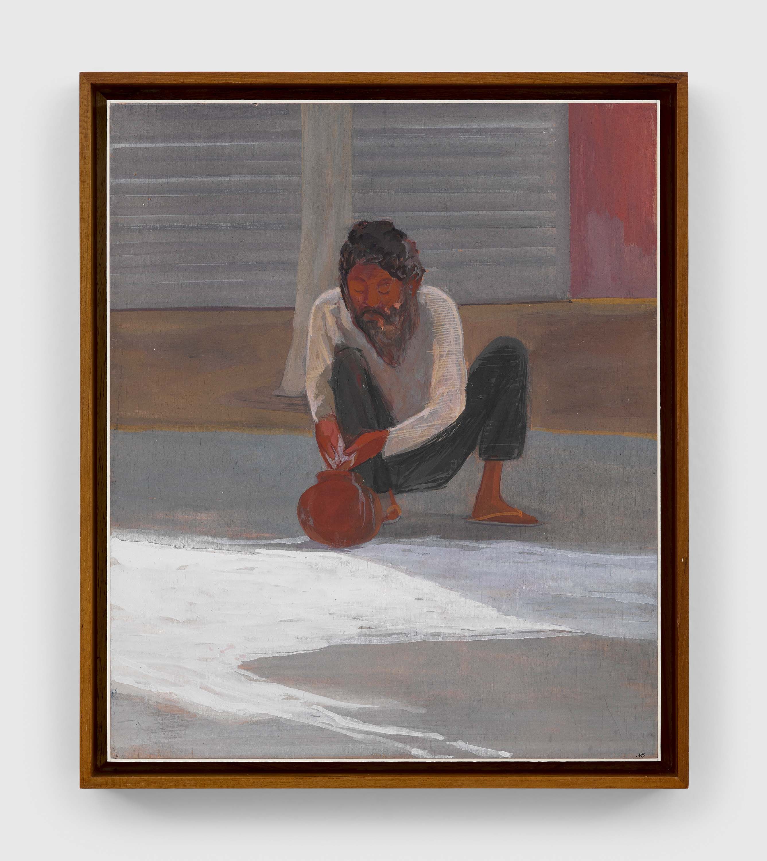 A casein on board painting by Mahesh Baliga, titled Man collecting milk, dated 2022.