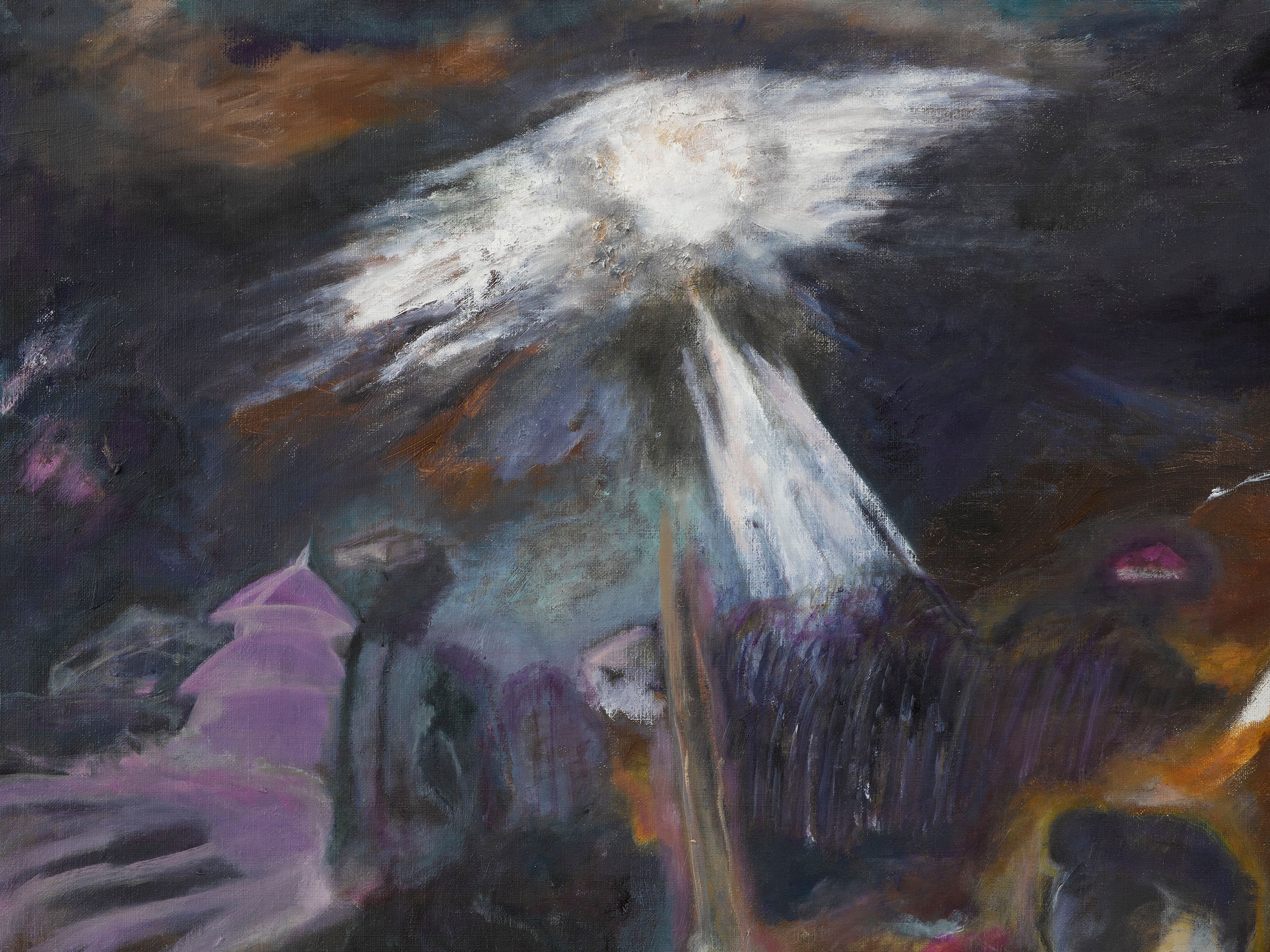 A detail from a painting by Sosa Joseph, titled Jaundice in the night of the storm, dated 2025.