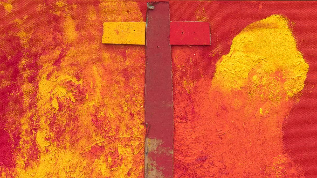 A detail of a painting by Sterling Ruby titled WIDW. CZU LIGHTNING FIRE., dated 2020.
