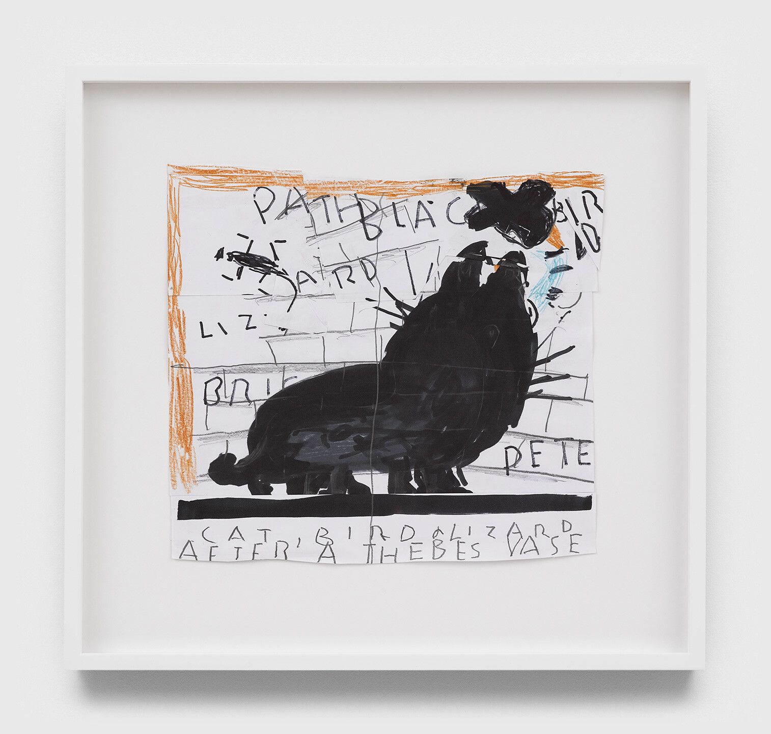 A collage on paper by Rose Wylie, titled Black Cat (after a Thebes vase), dated 2020.
