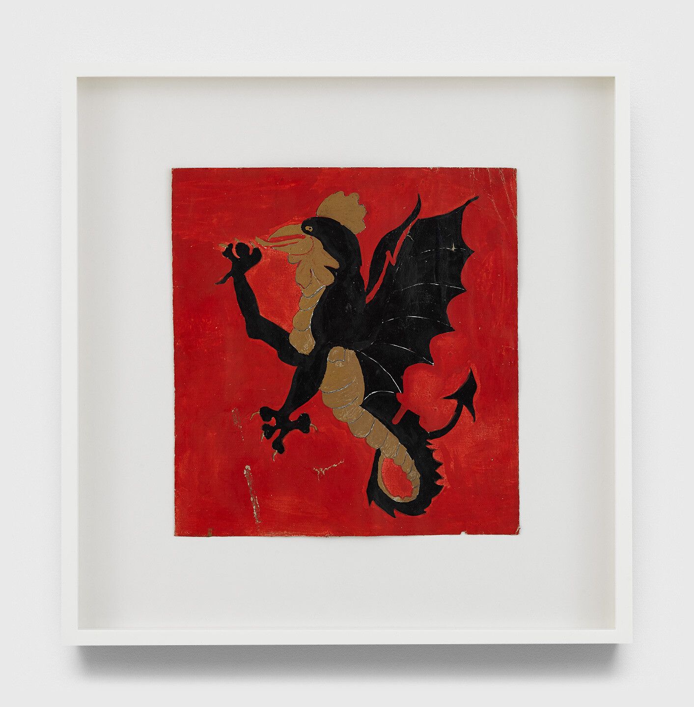 An undated oil painting on cardboard by Frank Walter, titled Untitled (Heraldic Beast [Lizard]). 