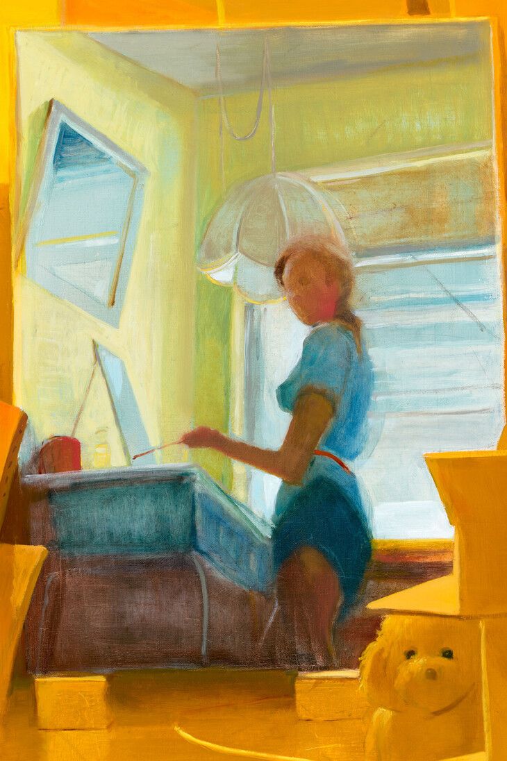 A detail of an  artwork by Lisa Yuskavage, titled Golden Studio, dated 2023