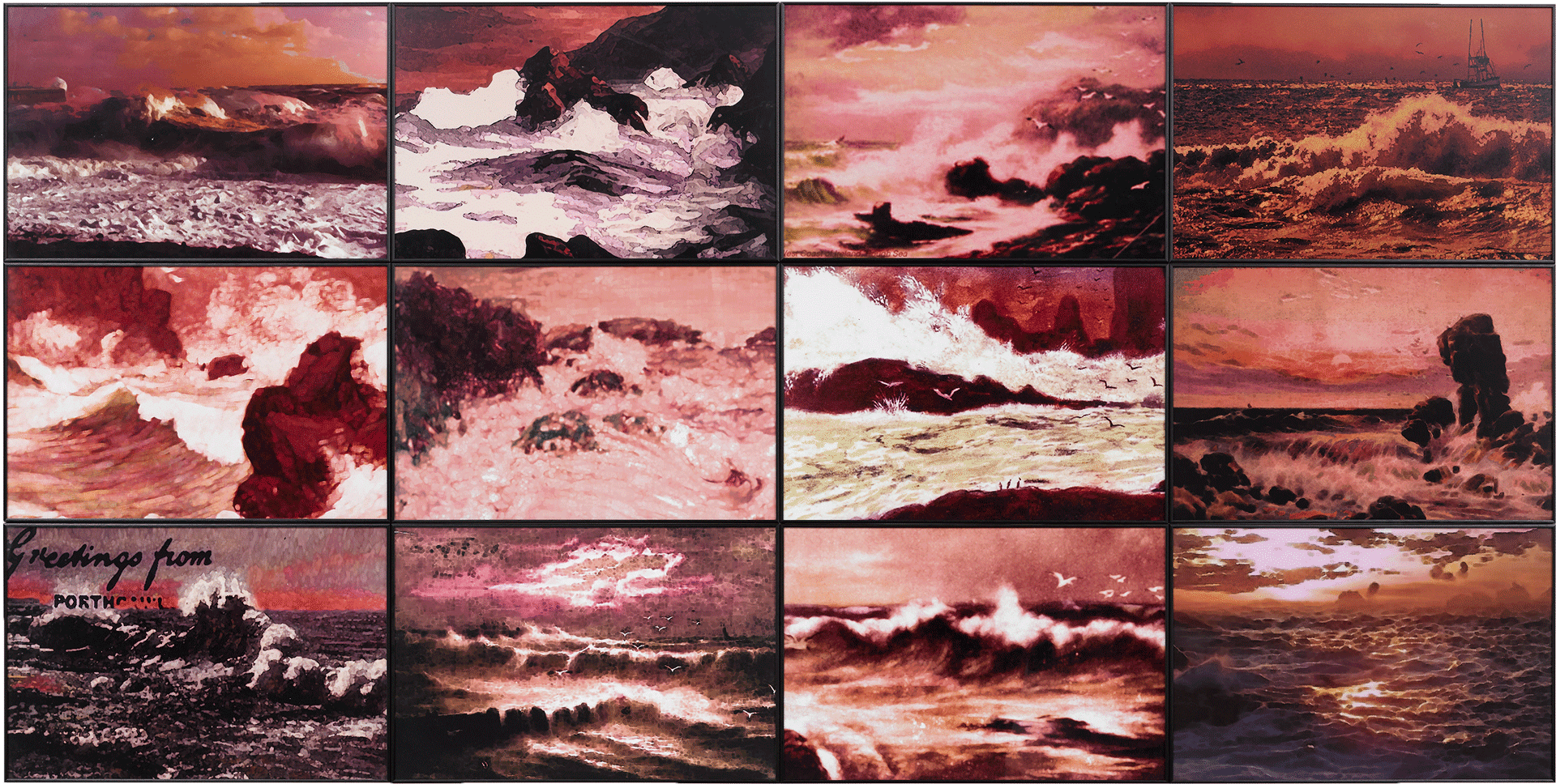 An archival pigment prints, in twelve parts by Susan Hiller, titled Rough Dawns II, dated 2015.