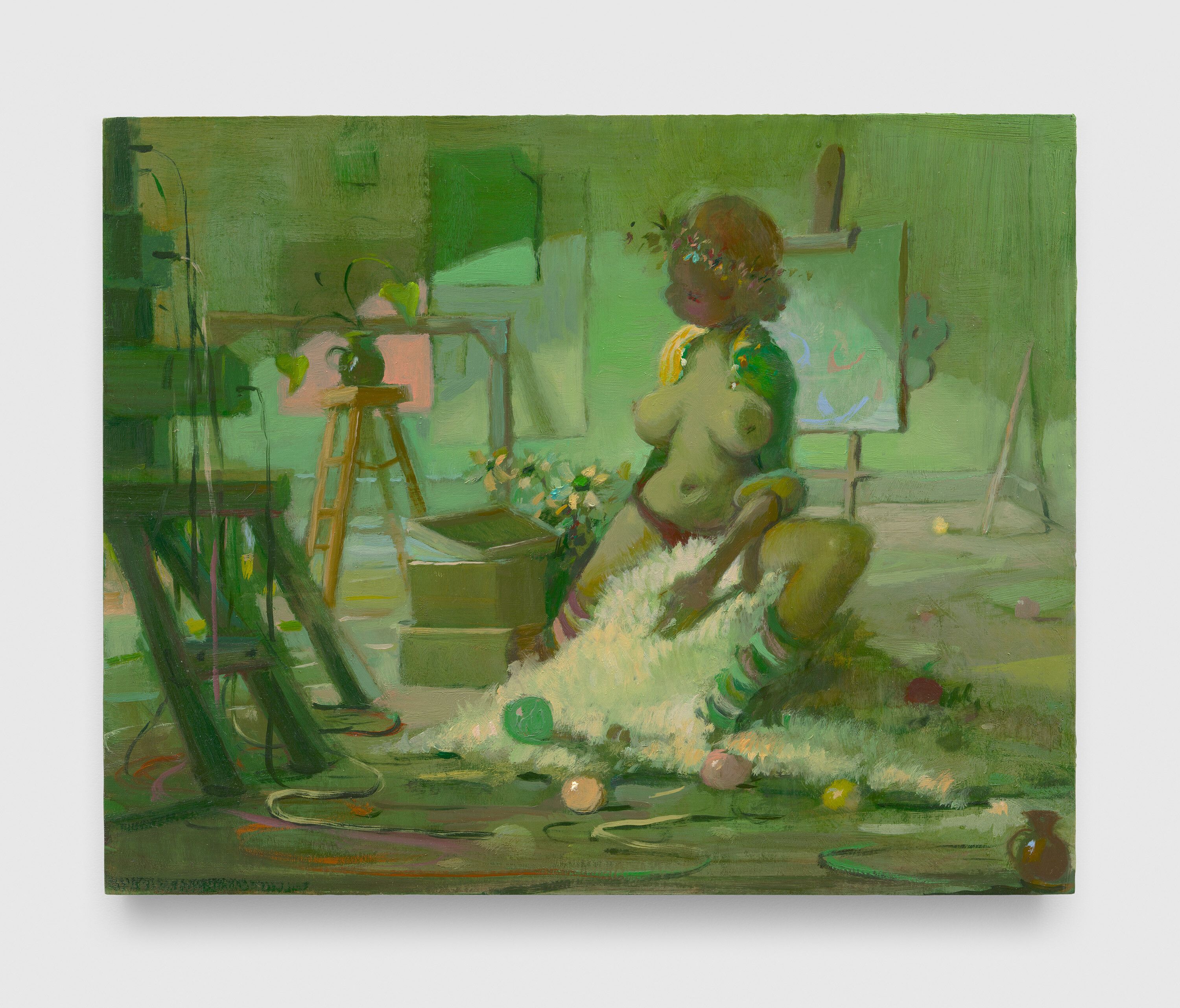 A painting by Lisa Yuskavage, titled Life Model on Fur, dated 2020.