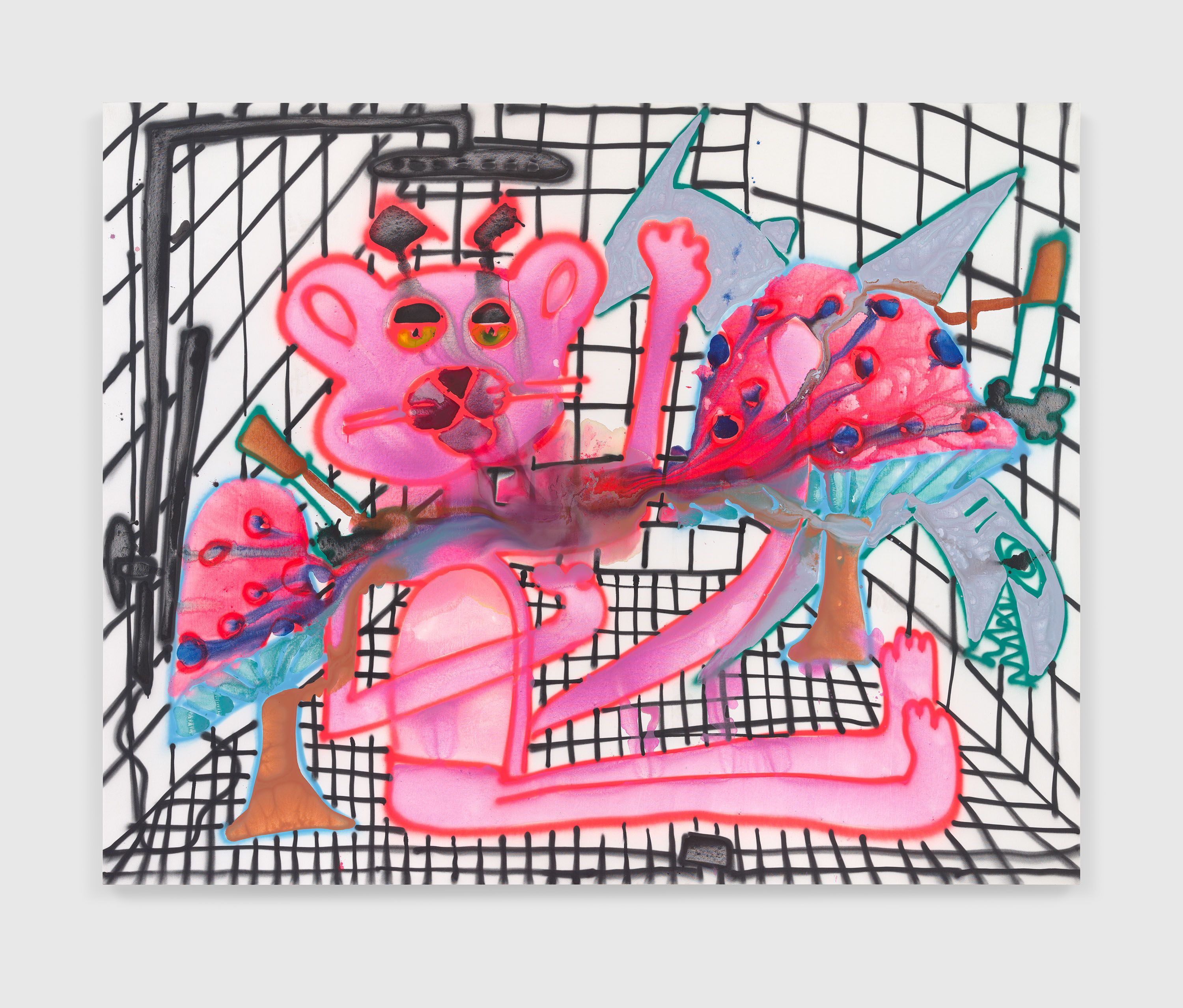 An acrylic and spray paint on canvas artwork by Katherine Bernhardt, titled Mycophilo Shower, dated 2022.